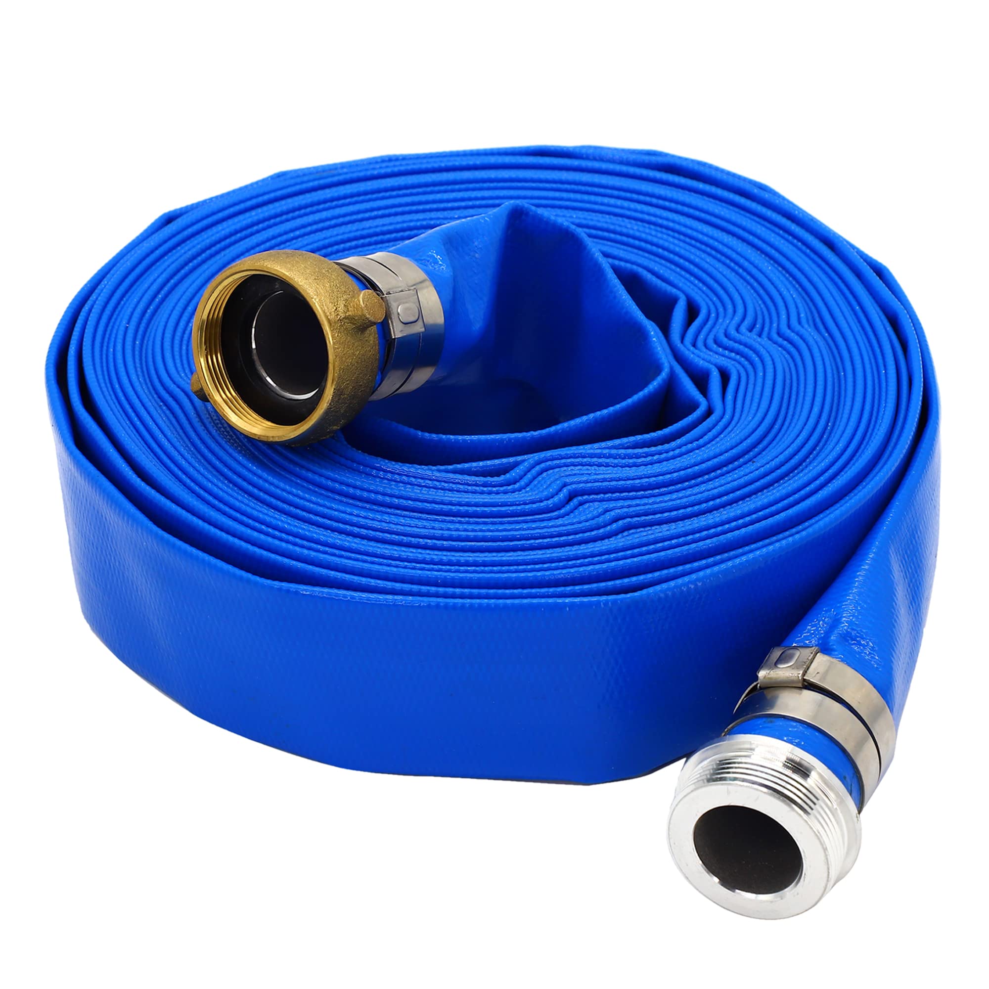 2" ID × 25ft Pool Backwash Hose, Heavy Duty Reinforced Blue PVC Lay Flat Water Discharge Pump Hoses For Swimming Drain Pools and Clean Filters, With Aluminum Pin Lug Fittings