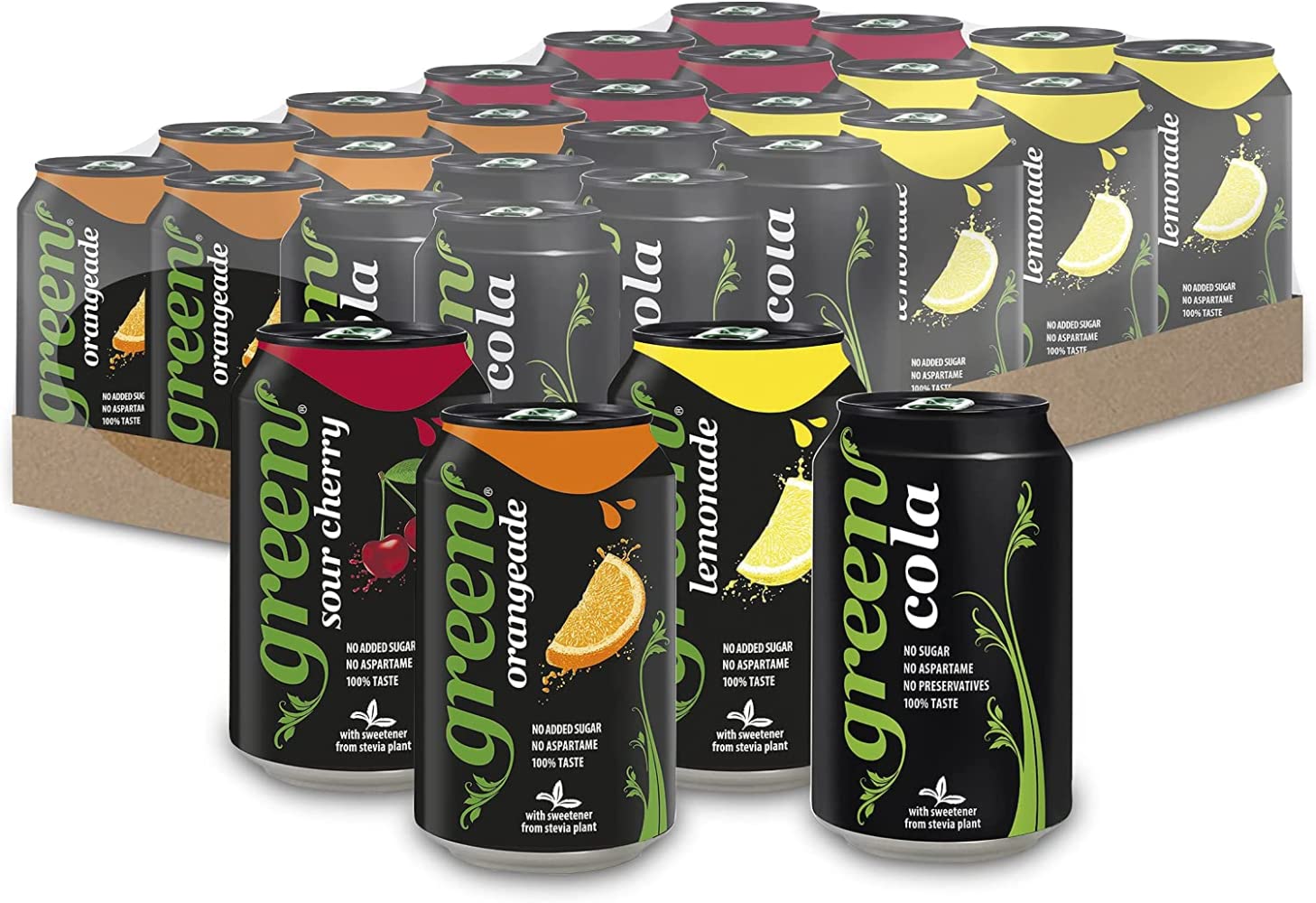 Green Cola Soft Drinks - Mixed Case / Variety Pack of 24 cans, No Aspartame, Low Calorie Sparkling Soft Drinks - Cola, Lemonade, Orangeade, Sour Cherry Flavours, 4x6x330ml