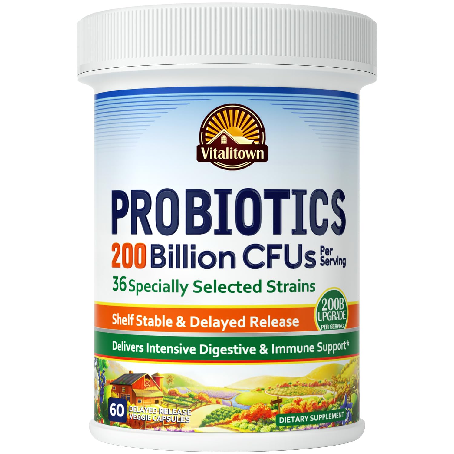 Vitalitown Probiotics 200 Billion CFUs 36 Strains | Shelf Stable, Acid & Bile Resistant | Intensive Digestive & Immune Support | Men & Women Probiotics | Vegan Non-GMO | 60 ct