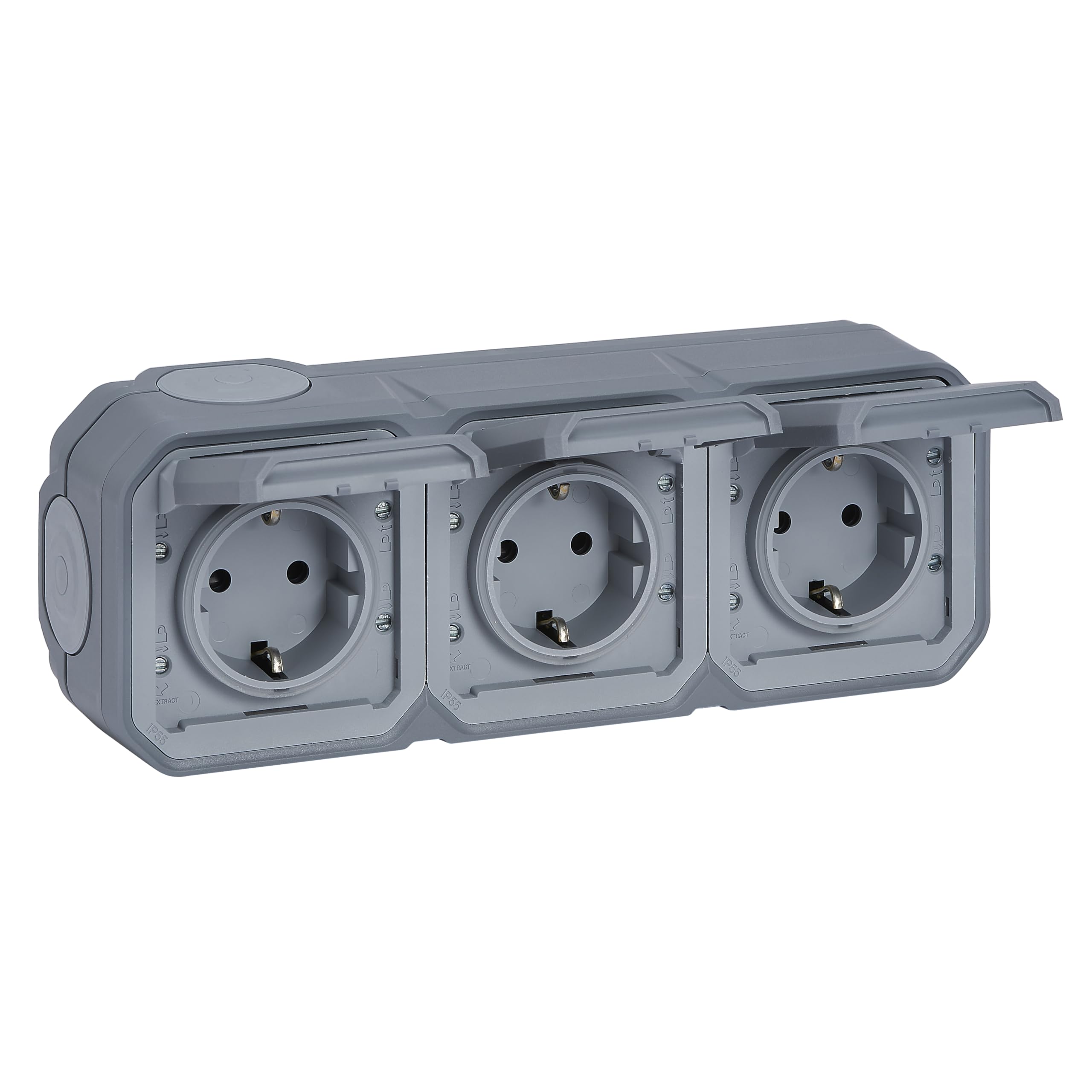 LegrandPlexo 069743L Wet Room Socket, 3-Way, Schuko Standard, with Hinged Lid, Touch Protection, Plug-In Terminals, Pre-Wired, Horizontal, IP44 - IK07, Colour: Grey