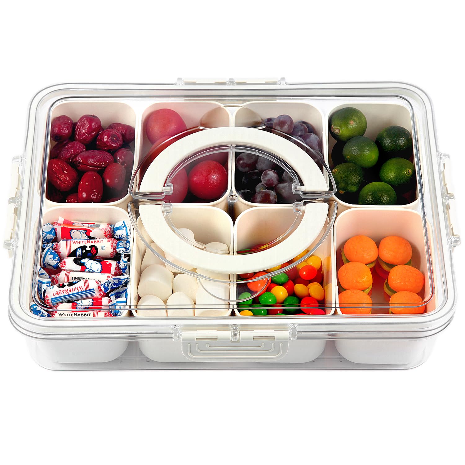 Portable Snackle Box Container, Divided Serving Tray with Lid and Handle, 8 Compartment Snack Platters for Candy, Veggie, Fruit, Nuts, Charcuterie, Perfect for Party, Road Trips, Picnics, Traveling