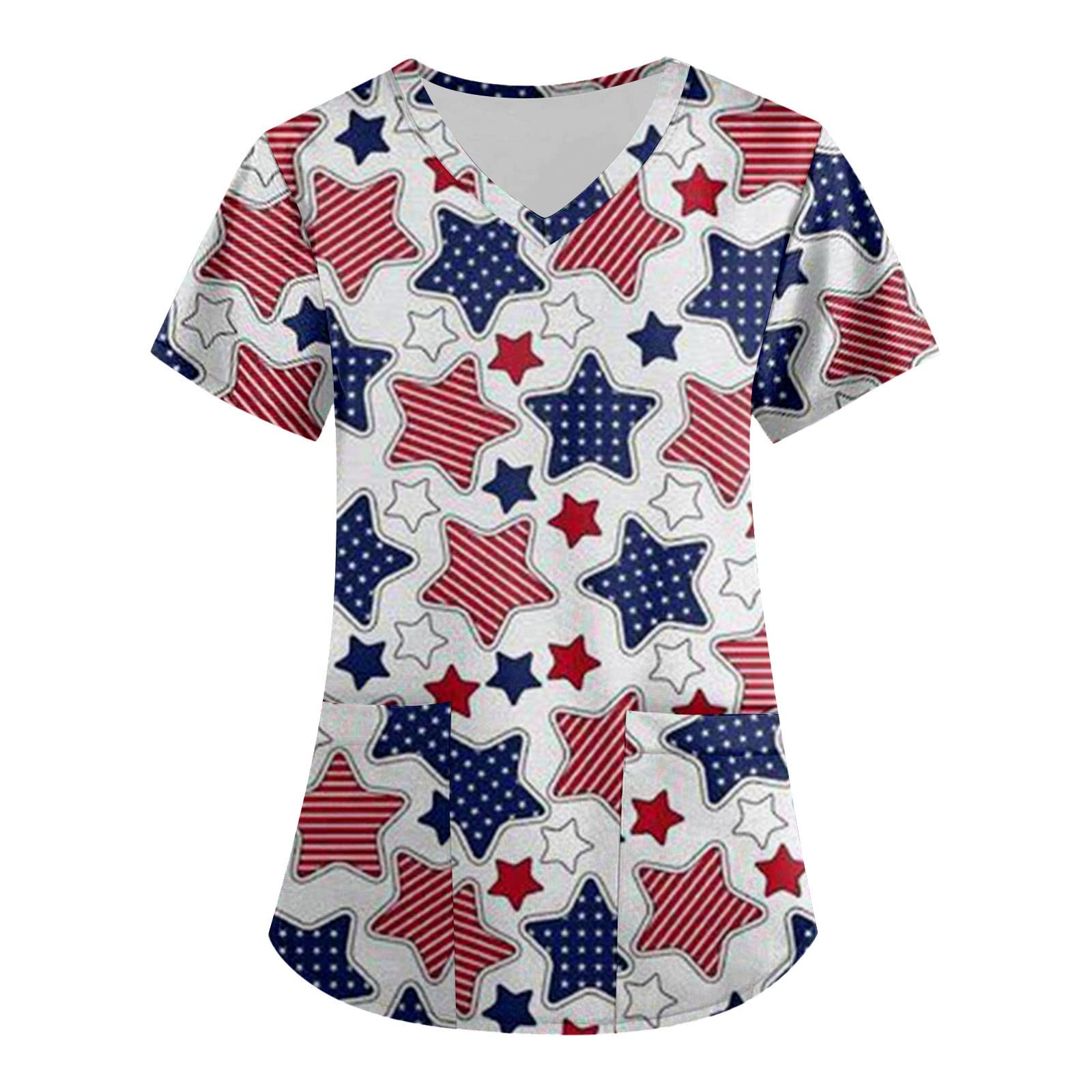 Womens 4th of July V Neck Short Sleeve Summer Tops for Leggings Loose Fit Pullover Blouse Shirts with Pocket