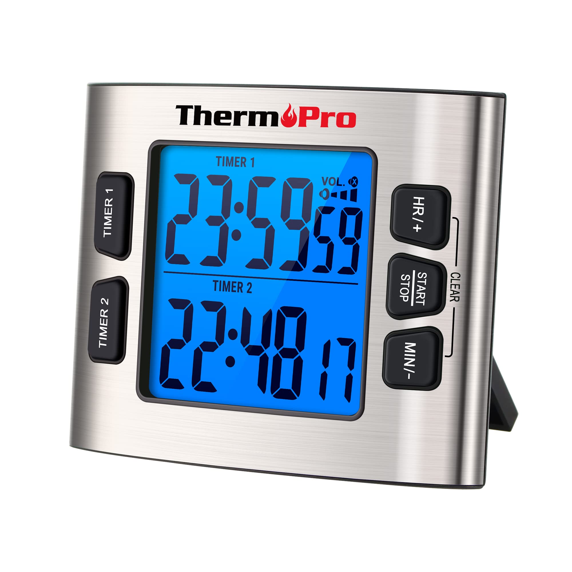 ThermoProTM02 Digital Kitchen Timer with Dual Countdown Stop Watches Timer/Magnetic Timer Clock with Adjustable Loud Alarm and Backlight LCD Big Digits/ 24 Hour for Kids Teachers