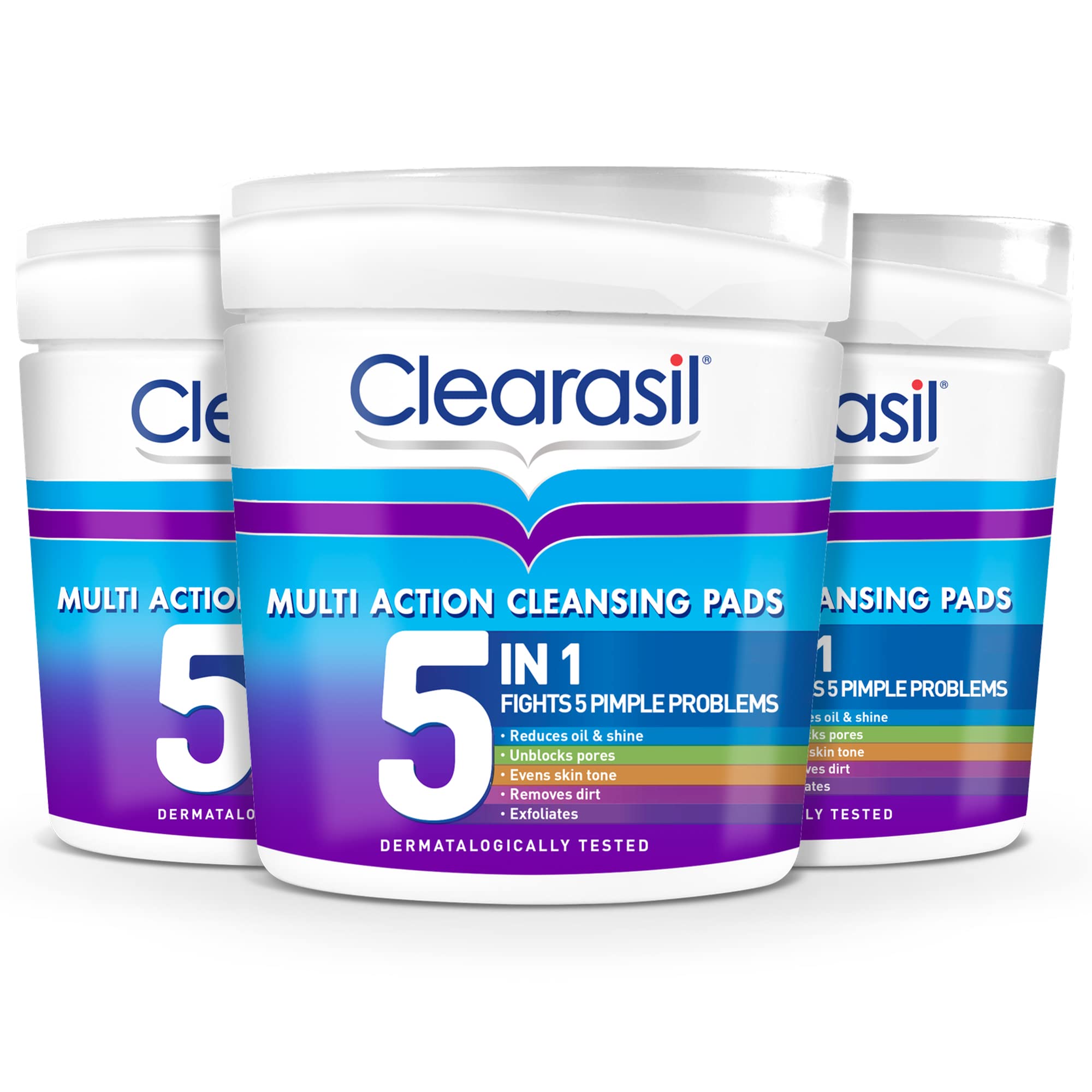 Clearasil5-In-1 Multi-Action Cleansing Salicylic Acid Pads, Face Exfoliating For Acne Prone Skin, Unblock Pores, Reduces Blackheads, Pimples & Excess Oil, Everyday Spot Prevention, 65's (Pack Of 3)