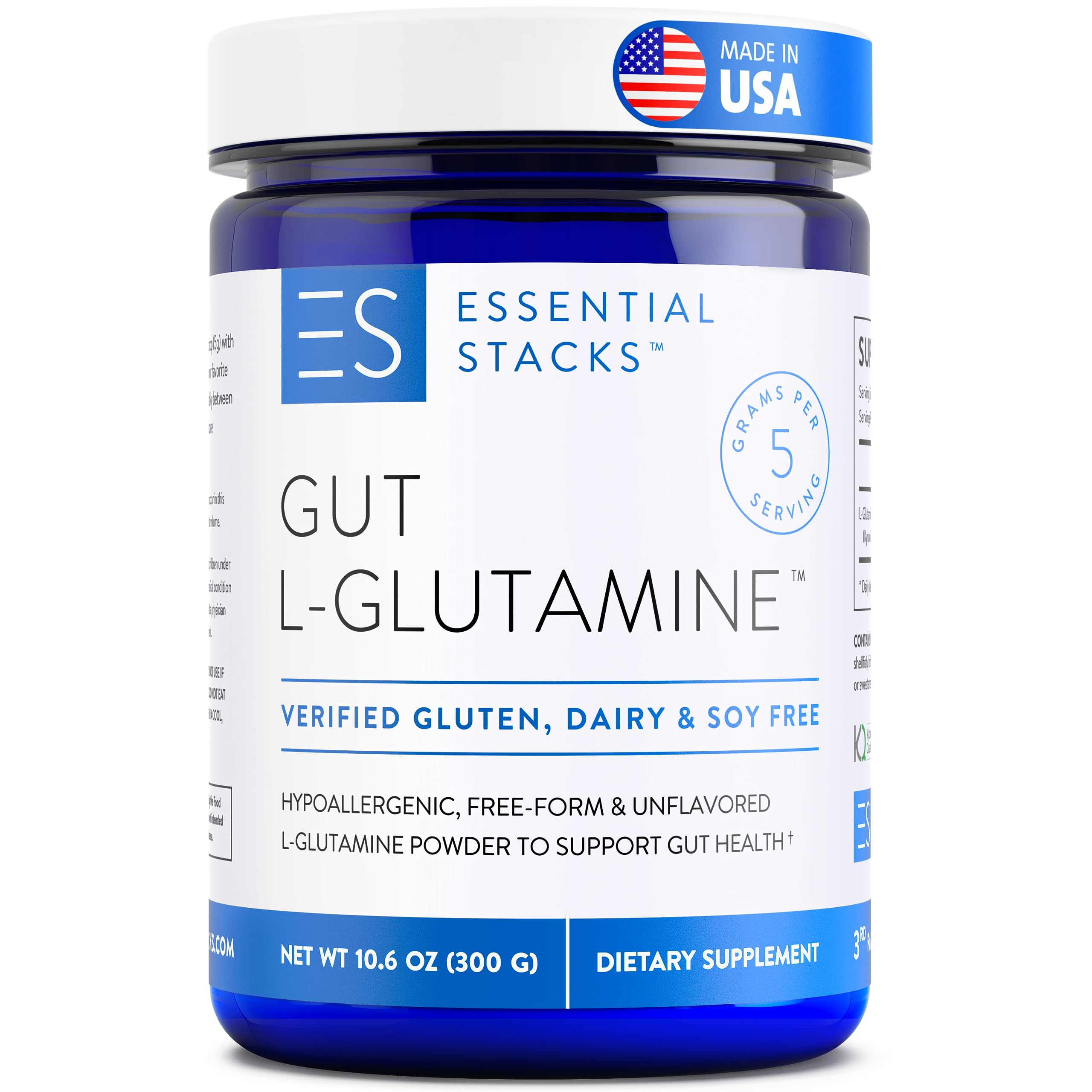 Essential StacksGut L-Glutamine Powder - Made in USA - Pure L Glutamine Powder for Gut Health - Dairy, Soy & Gluten Free, Non-GMO, Vegan Glutamine Supplement