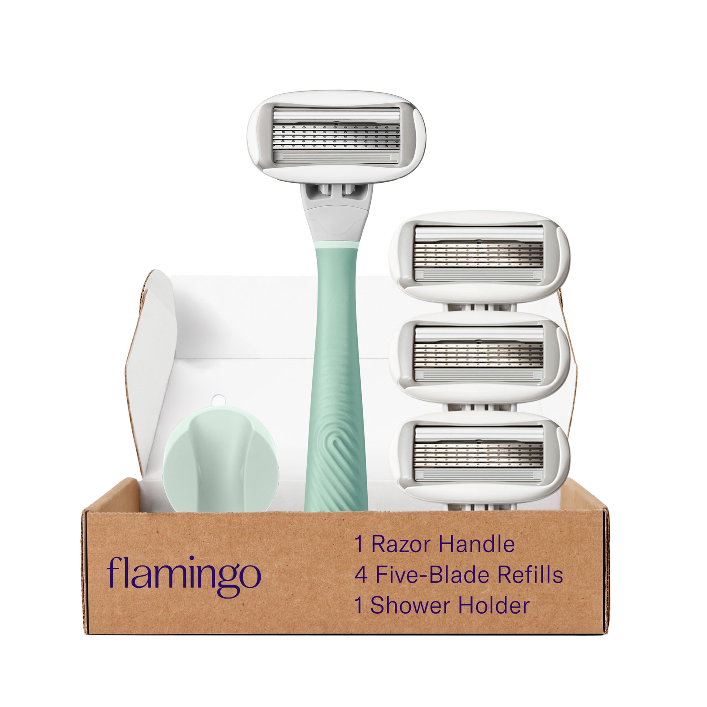 Flamingo Razors for Women, 1 Women's Razor Handle (Sage), 4 Razor Five-Blade Refills, and 1 Shower Holder