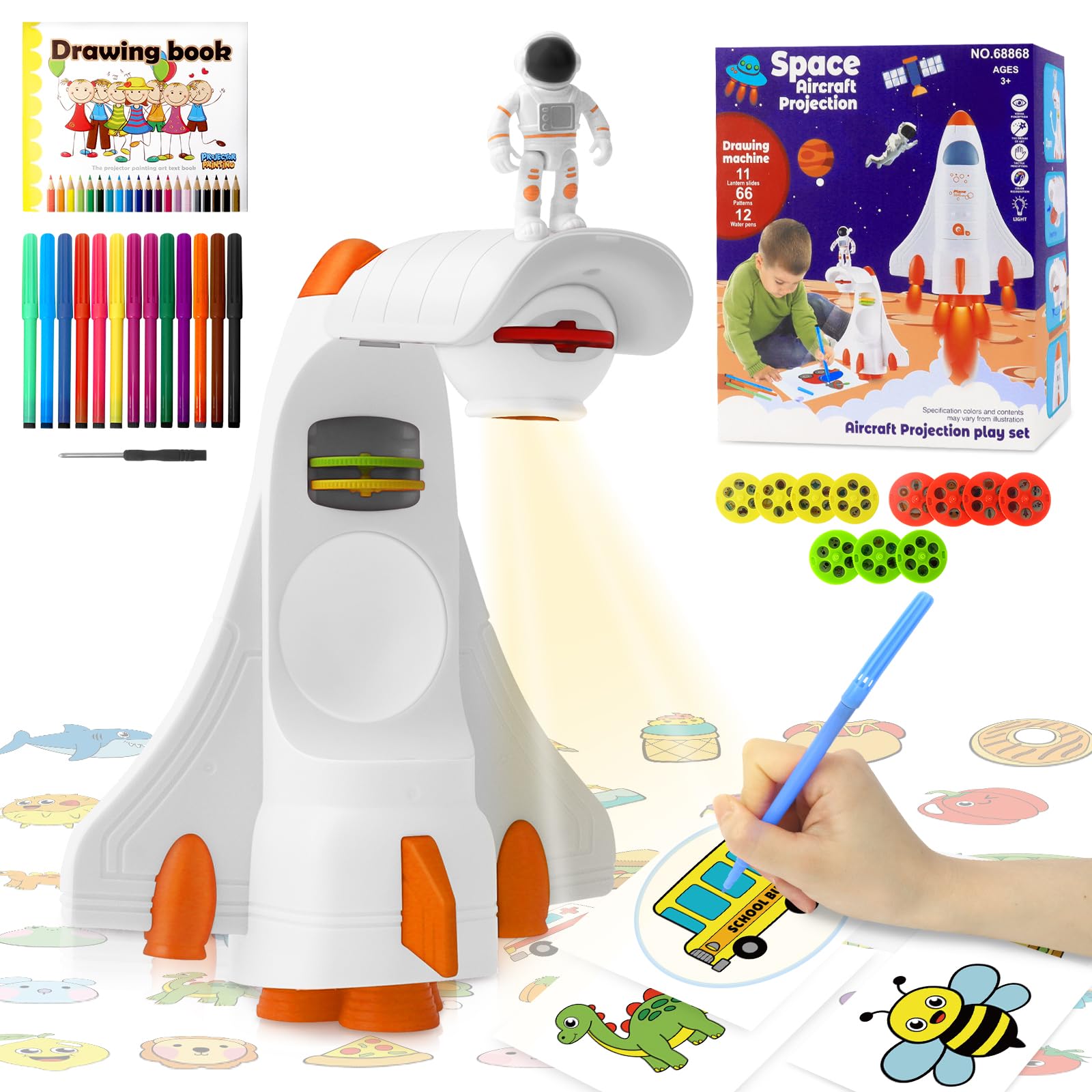 CS COSDDI Drawing Projector for Kids, Projection Drawing Board Kids,Space Shuttle Drawing Projector for Kids with Rocket Ship Toys for Kids,Kids Drawing Projector with 66 Patterns