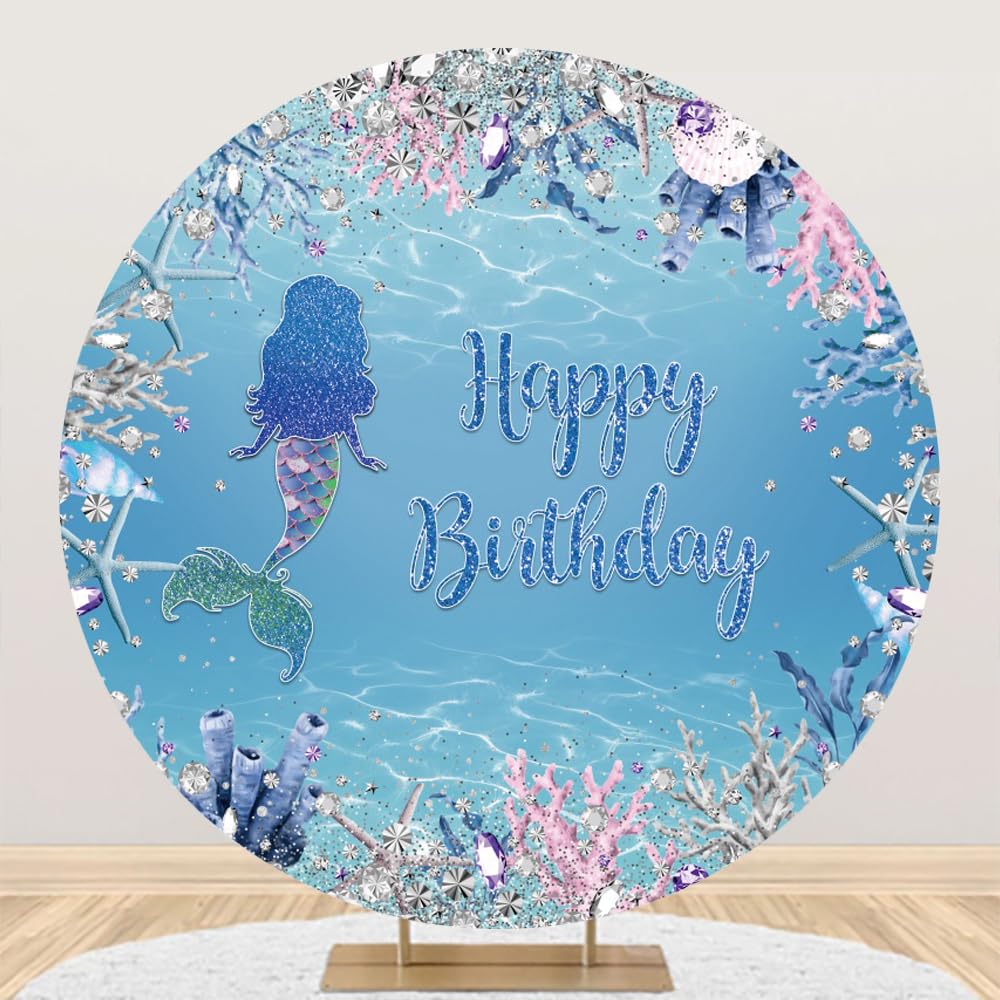 DORCEV 6x6ft Blue Mermaid Birthday Round Backdrop Cover Under Sea World Mermaid Happy Birthday Circle Arch Backdrop Princess Girl Birthday Party Decorations Underwater Mermaid Photo Background