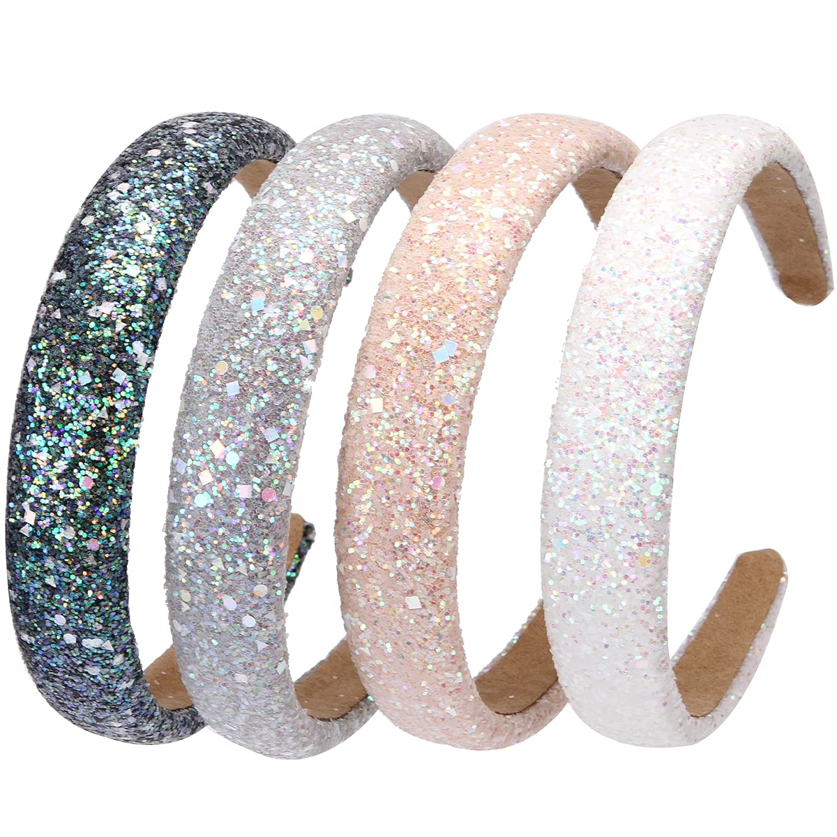 LONEEDY 4 PCS Glitter Beaded Sequins Sparkly 1.3-Inch Wide Padded Hard Headbands for Girls and Women,Fashion Cute Daily Hair Bands for Kids (Glitter（Black + gray + beige + white）)