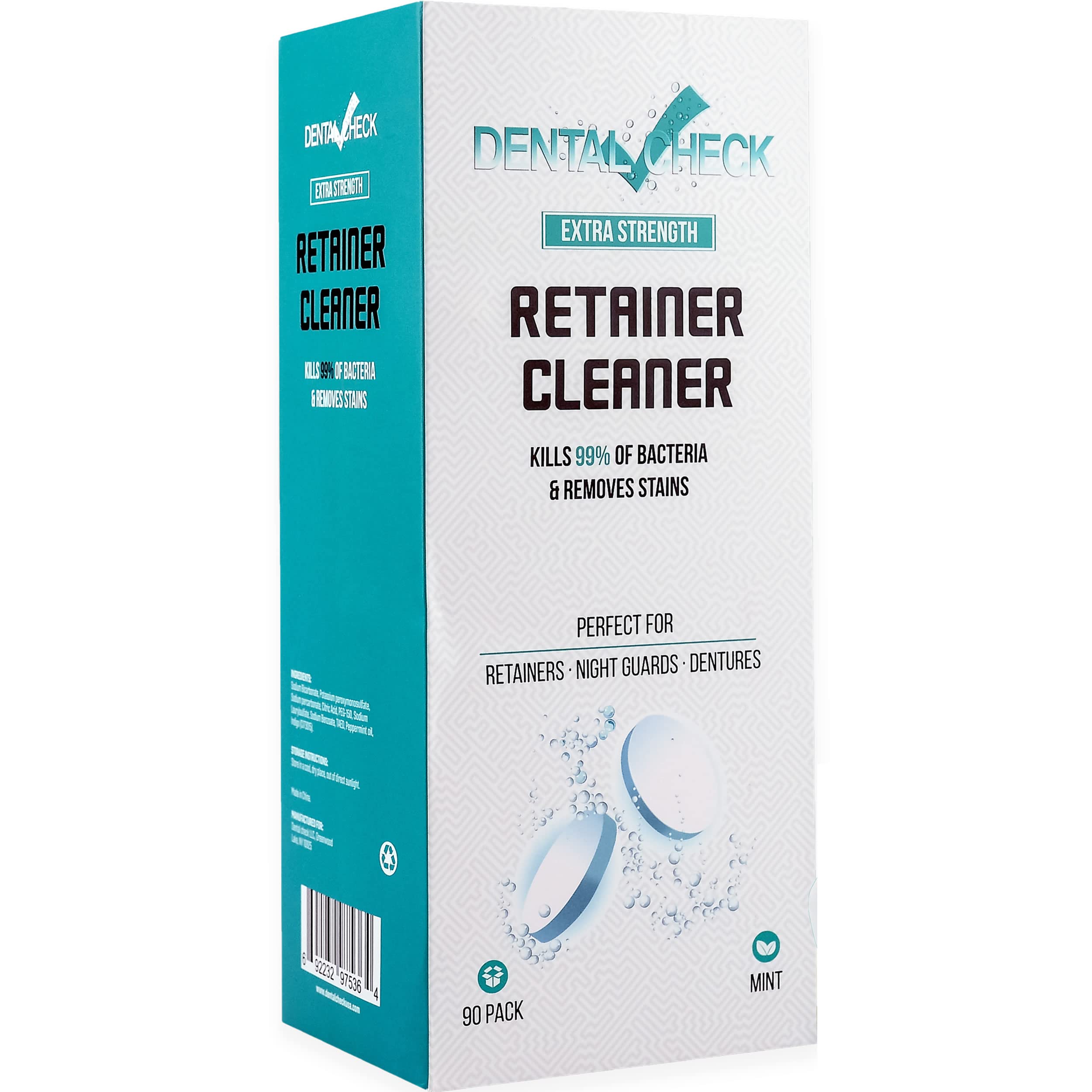 Dental Cheque 90 Retainer & Denture Cleaning Tablets 4 Month Supply Remove Bad Odours, Plaque, Stains from Dentures, Night Guards, Mouth Guards & Removable Appliances Plastic Dental Bath Included