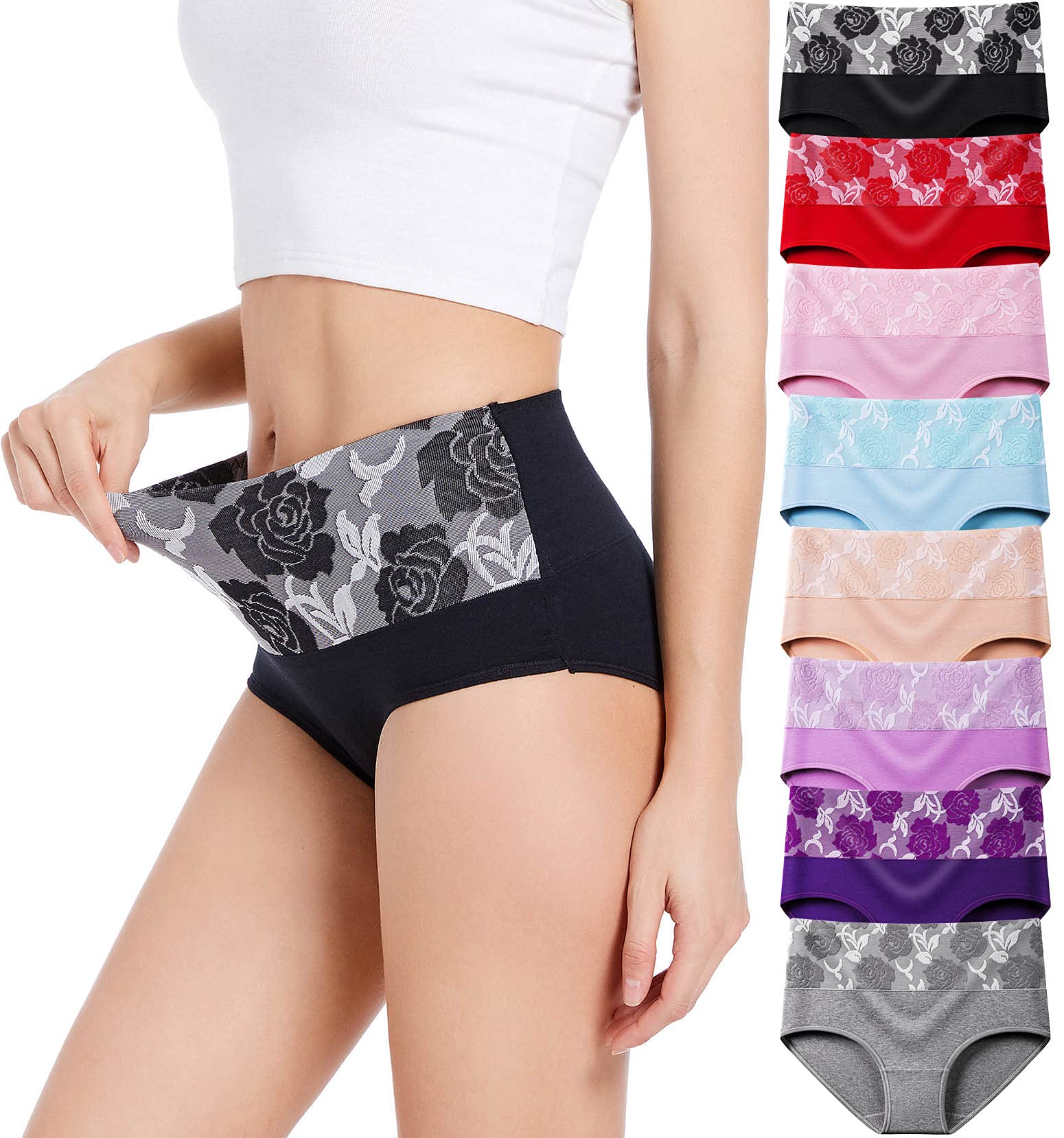 HAVVIS Women's Briefs Underwear Cotton High Waist Tummy Control Panties Rose Jacquard Ladies Panty Multipack