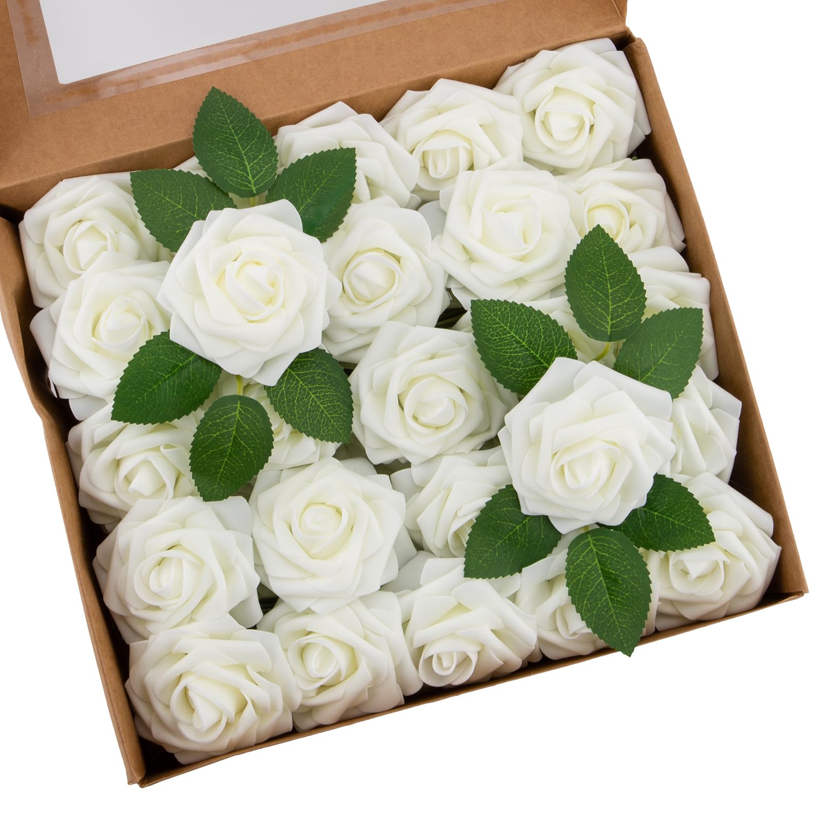 25pcs Artificial Rose Flowers, Ivory Foam Fake Roses with Stems for DIY Wedding Bouquets White Bridal Shower Centerpieces Arrangements Party Tables Decorations