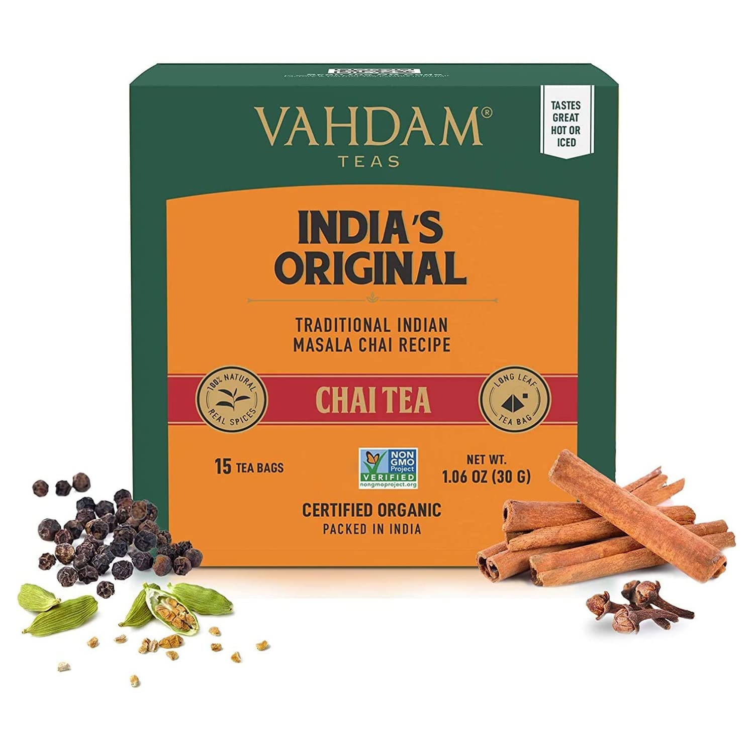 VAHDAMIndia's Original Masala Chai Tea Bags (15 Pyramid Tea Bags) 100% Natural Spices- Black Tea, Cardamom, Cinnamon, Black Pepper & Clove | No Added Flavouring, Blended & Packed in India