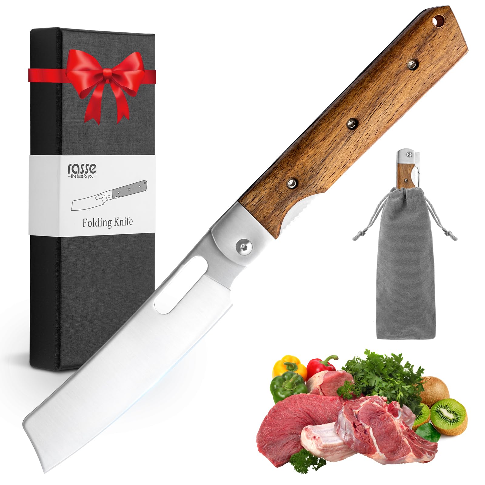 RASSE Folding Chef Knife Ultra Sharp 8CR14MOV Stainless Steel Blade African Padauk Natural Wood Handle Pocket Foldable Japanese Kitchen Folding Knife for Outdoor Camping BBQ Kitchen Cooking