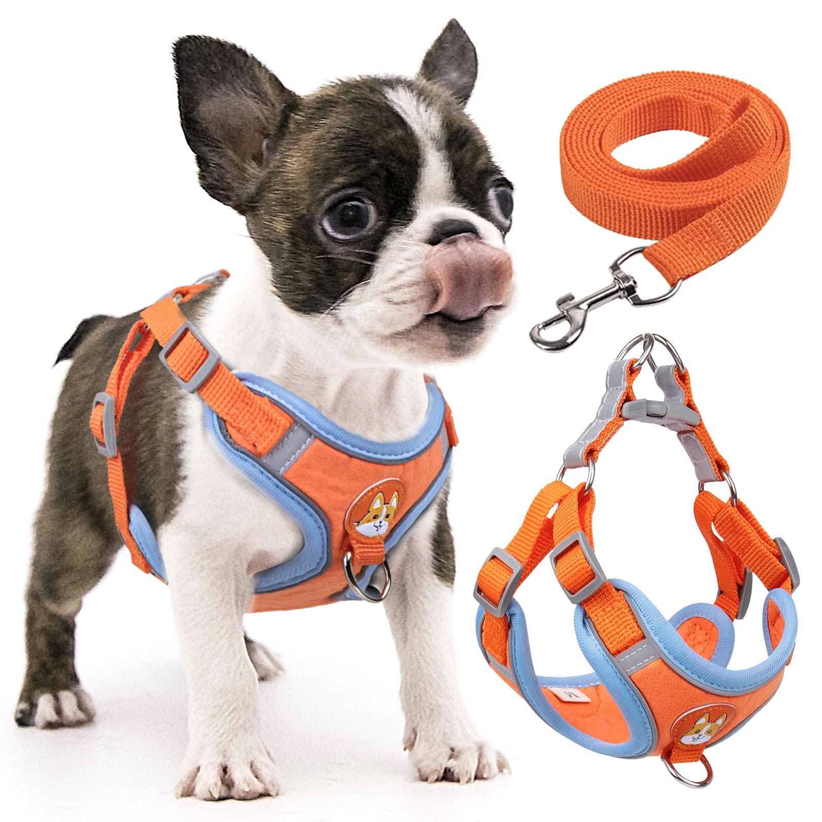 rennaio Dog Harness No Pull, Adjustable Puppy Harness with 2 Leash Clips, Ultra Comfort Padded Dog Vest Harness, Reflective Dog Harness and Leash Set for Small and Medium Dogs (Orange, S)