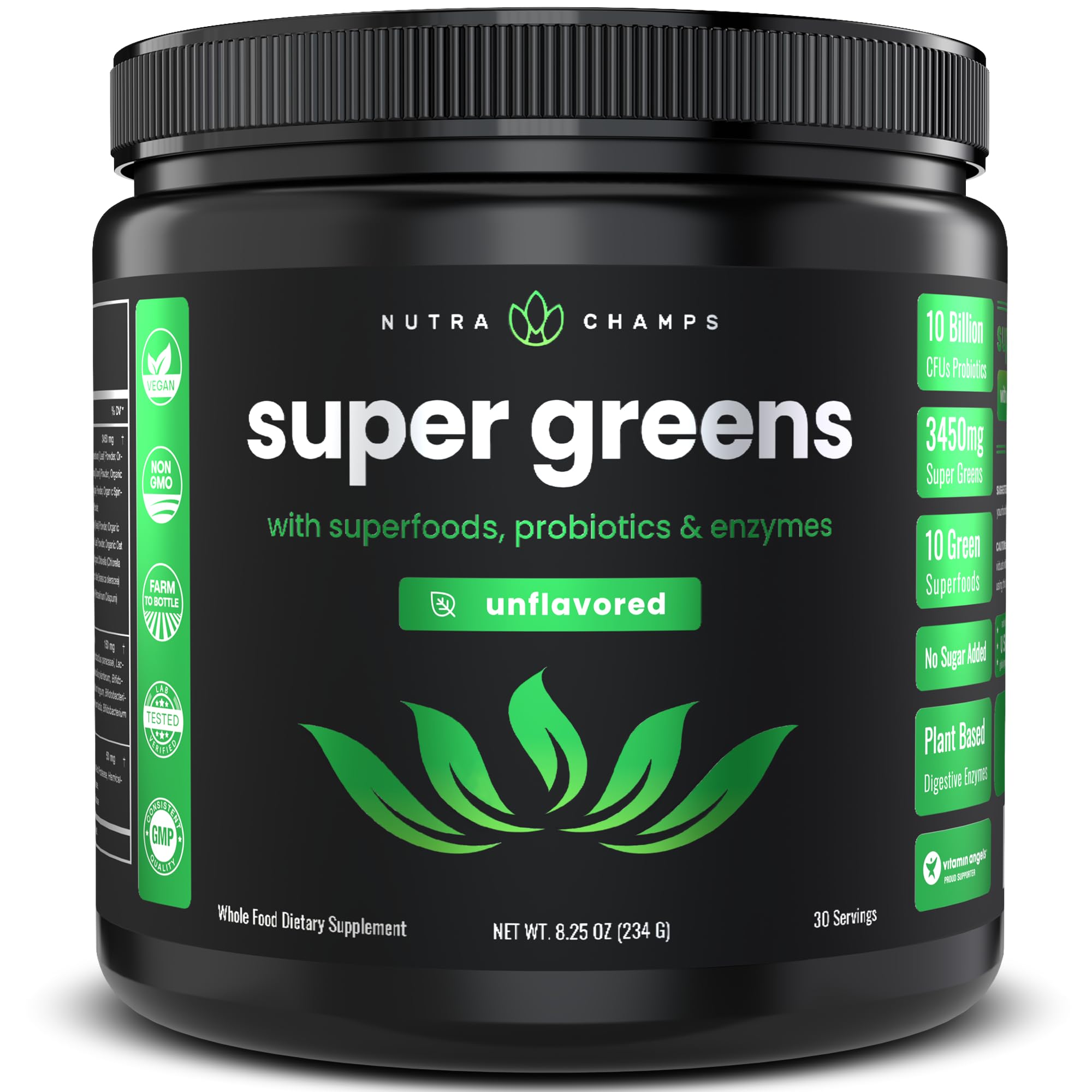 NutraChamps Super Greens Powder Premium Superfood | 20+ Organic Green Veggie Whole Foods | Alfalfa, Spirulina, Chlorella & More | Antioxidant, Digestive Enzyme & Probiotic Blends | Unflavored