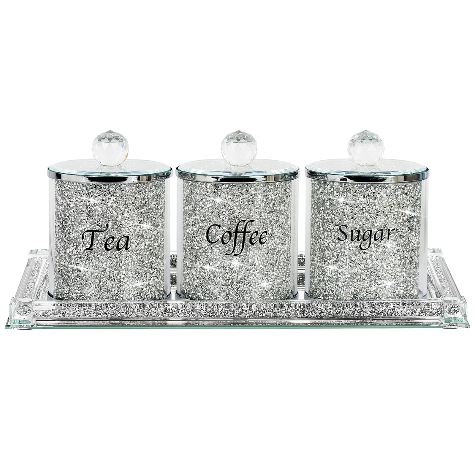 TopskyCoffee Sugar Tea Crystal Canister Set of 4,Sparkly Crystal Crushed Diamonds Home Decor,Silver Kitchen Coffee Jar Storage Set with Label & Lid,Storage Container Set for Countertop,Dining Room