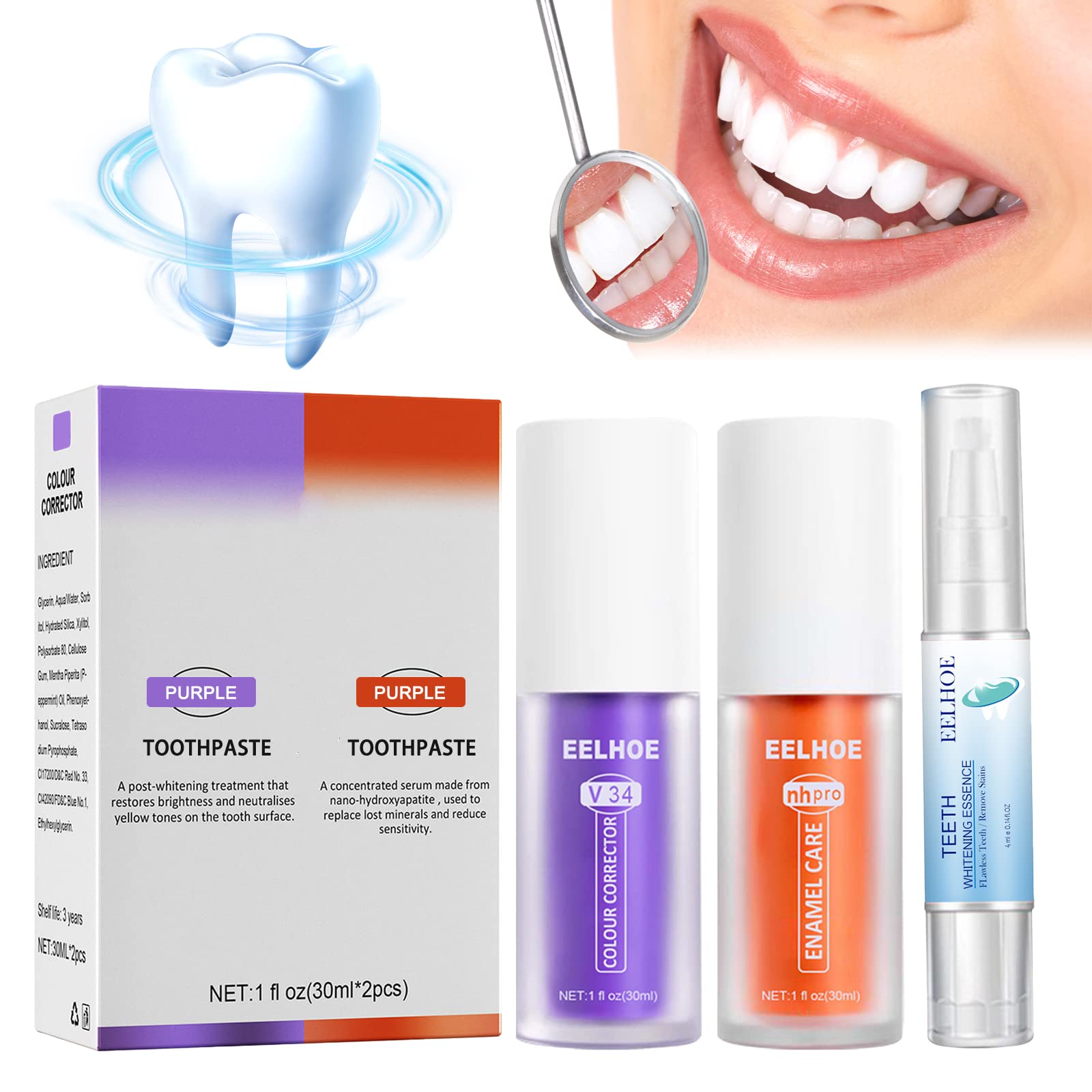 Herosmile Toothpaste 3 Pieces Purple Toothpaste for White Teeth Colour Corrector Teeth Colour Correction Enamel Care Toothpaste Stains Teeth Whitening Toothpaste For Sensitive Bring A Toothbrush With