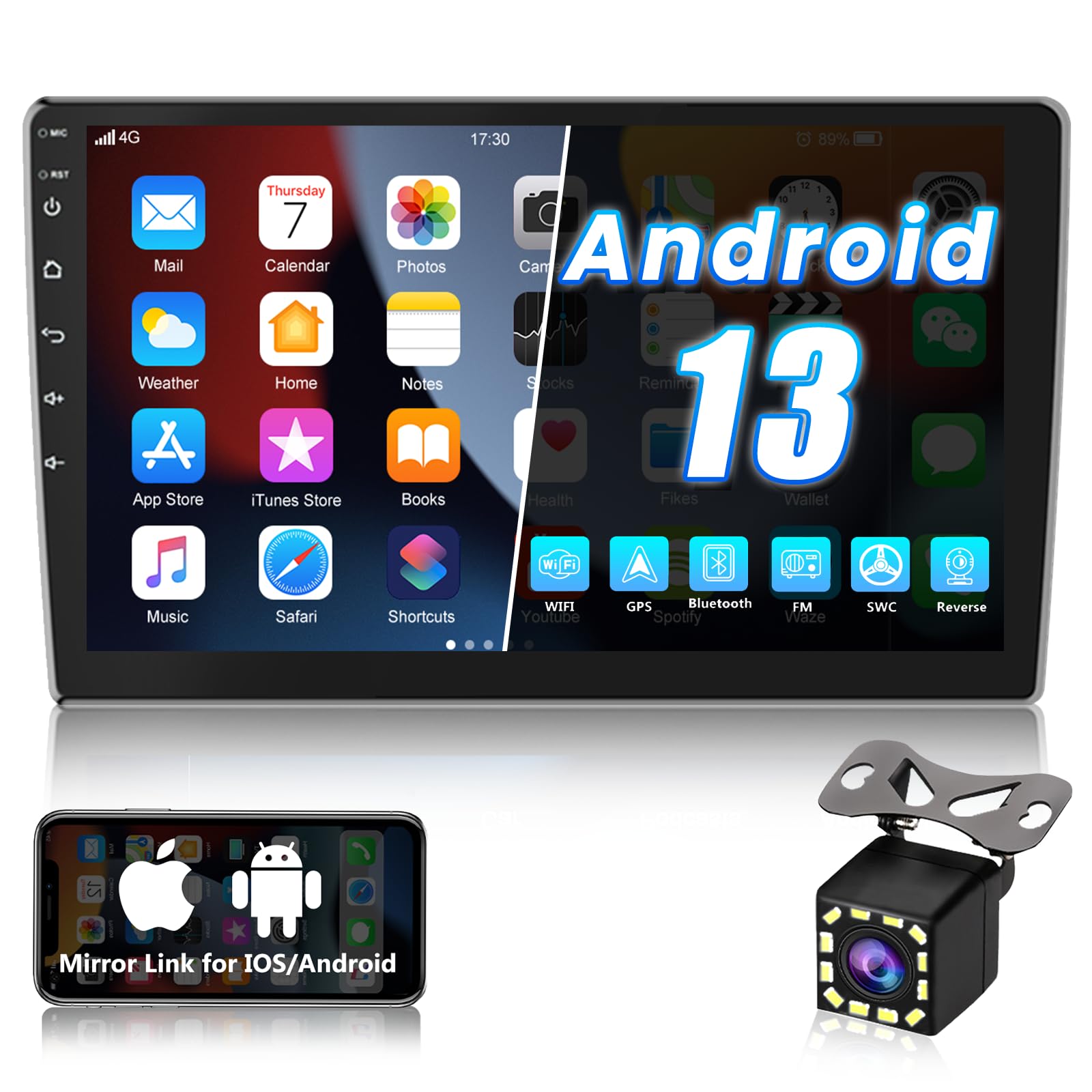 Android 13 Car Radio 10 Inch Touch Screen GPS Sat Navi Stereo Player AMprime 2 Din Bluetooth WiFi FM Receiver Mobile Phone Mirror Link Dual USB + Backup Camera