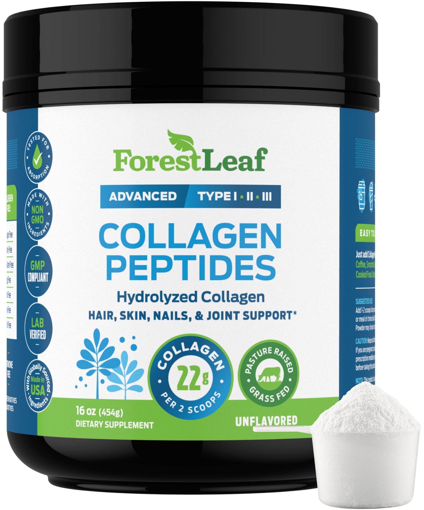 Collagen Peptides Powder Unflavored - Hydrolyzed Collagen Protein Powder Type 1, 2 & 3 - Grass Fed Keto Collagen Powder for Women & Men - Vital Hair, Skin, Nails, Joints, Recovery, 11g Per Serving