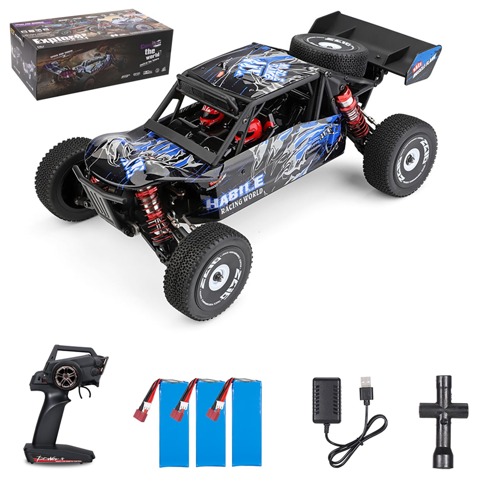 GoolRC WLtoys 124018 RC Car, 1/12 Scale 2.4GHz Remote Control Car, 4WD 60km/h High Speed Racing Car, Off-Road Buggy Drift Car RTR with Aluminum Alloy Chassis, Zinc Alloy Gear and 3 Batteries