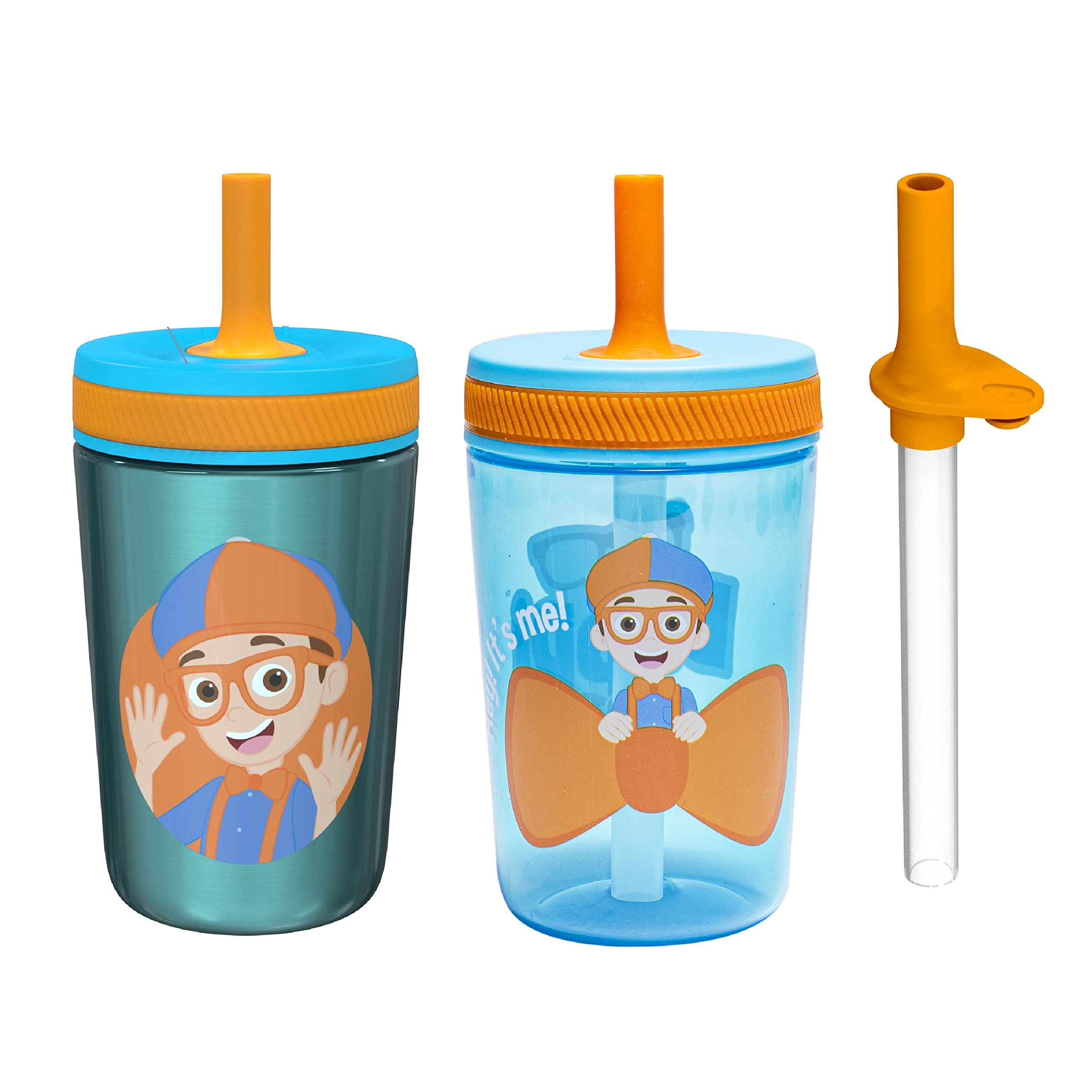 Zak Designs Blippi Kelso Tumbler Set, Leak-Proof Screw-On Lid with Straw, Bundle for Kids Includes Plastic and Stainless Steel Cups with Bonus Sipper, 3pc Set, Non-BPA,15 fl oz