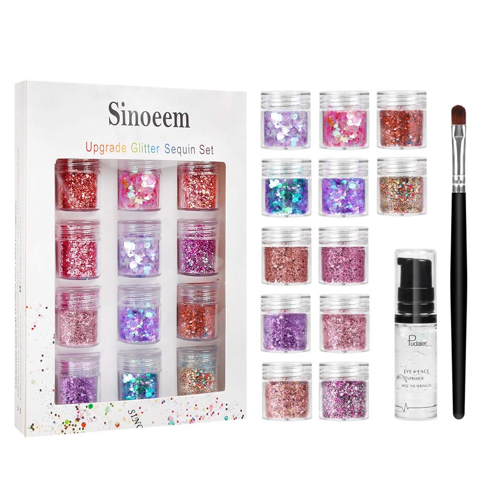 Sinoeem 12 Colors Face Glitter Cosmetic Reflective Chunky Cosmetic Glitter for Face Body and Hair(Includes Long Lasting Fix Gel and brush) Festival and Party Beauty Makeup (12 Color)