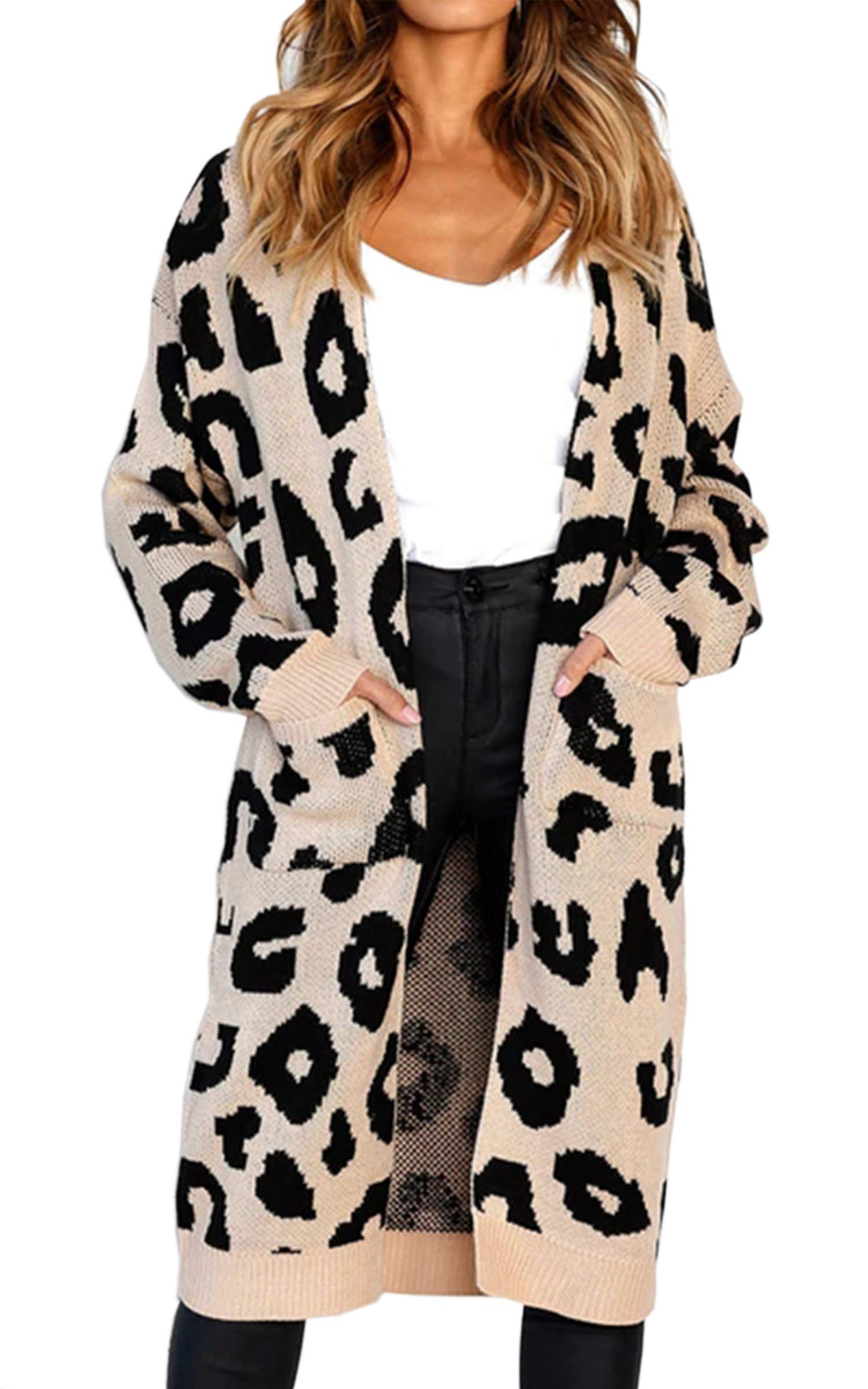 Angashion Women's Long Sleeves Leopard Print Knitting Cardigan Open Front Warm Sweater Outwear Coats with Pocket