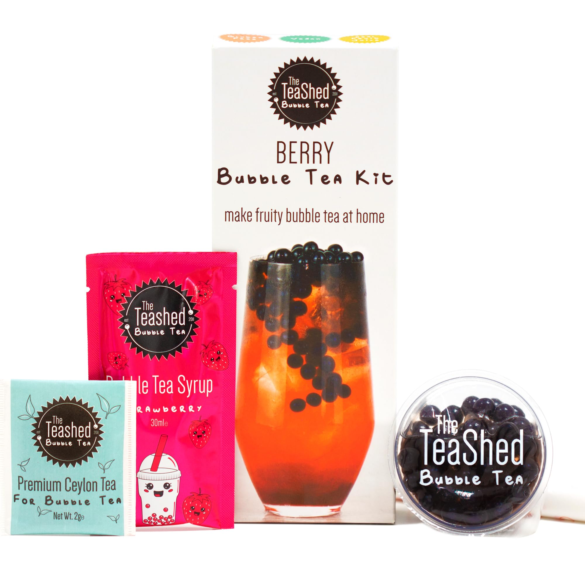 Berry Bubble Tea Kit | Fruit Boba Tea Set Includes Strawberry Syrup, Blueberry Popping Boba, Tea Bag and Paper Straw | by THE TEASHED