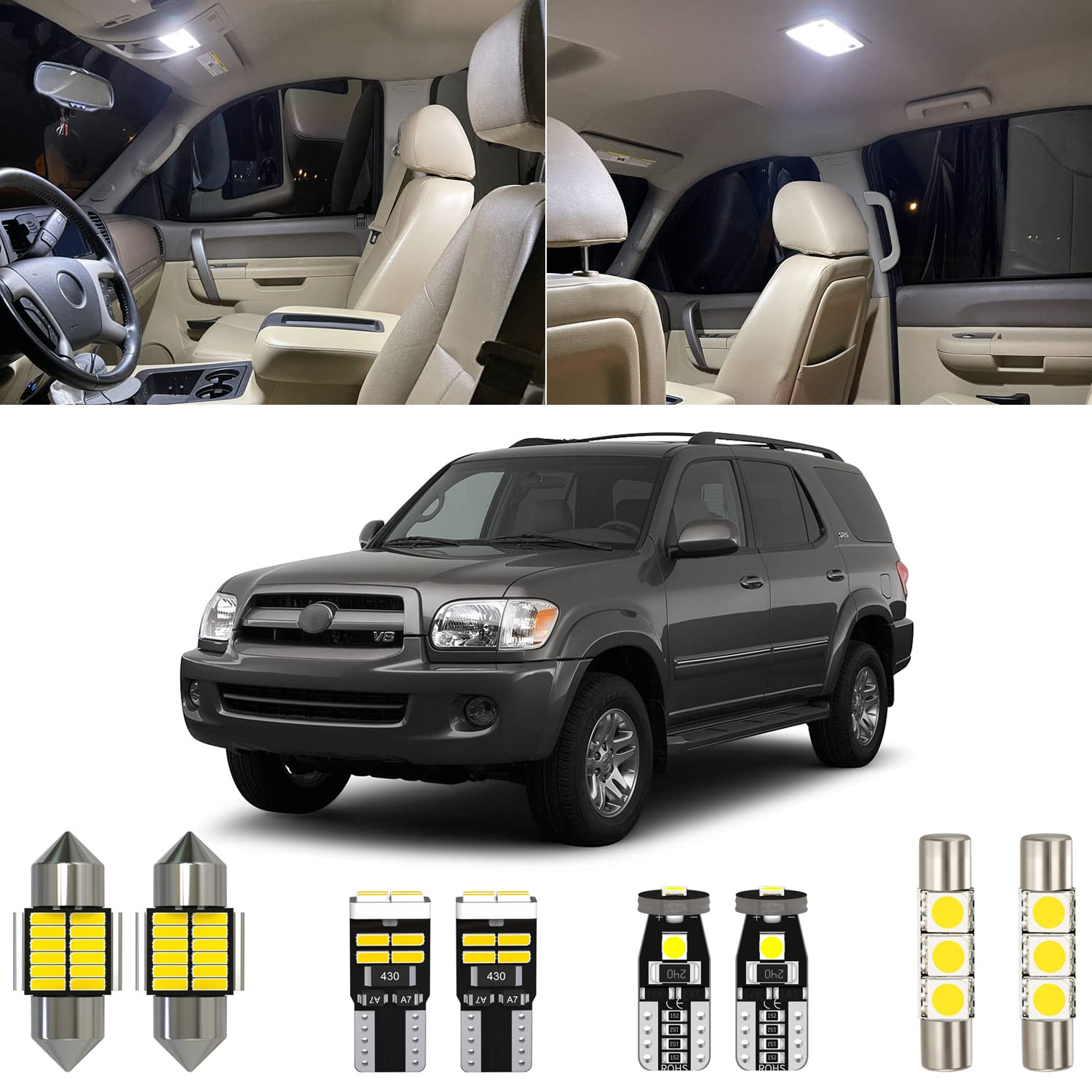 18 Piece 6000K White Sequoia Interior LED Light Kit Package Replacement for Toyota Sequoia 2001 2002 2003 2004 2005 2006 2007, with Placement Diagram and Install Tool