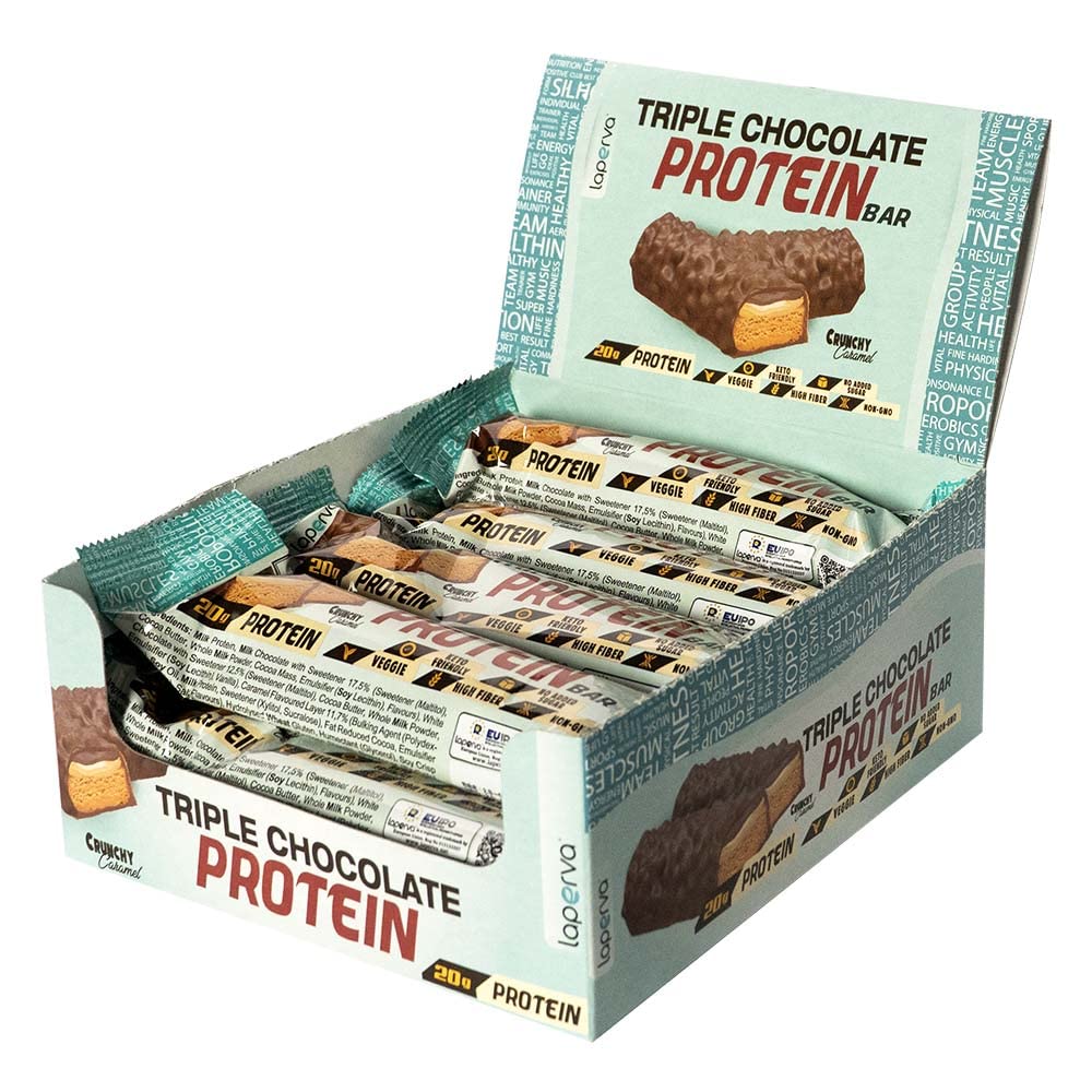 protein bar | laperva triple chocolate protein bar - low carbohydrate & sugar, rich in fiber, non-gmo, protein, suitable for vegetarian (crunchy caramel - box of 12 bars)