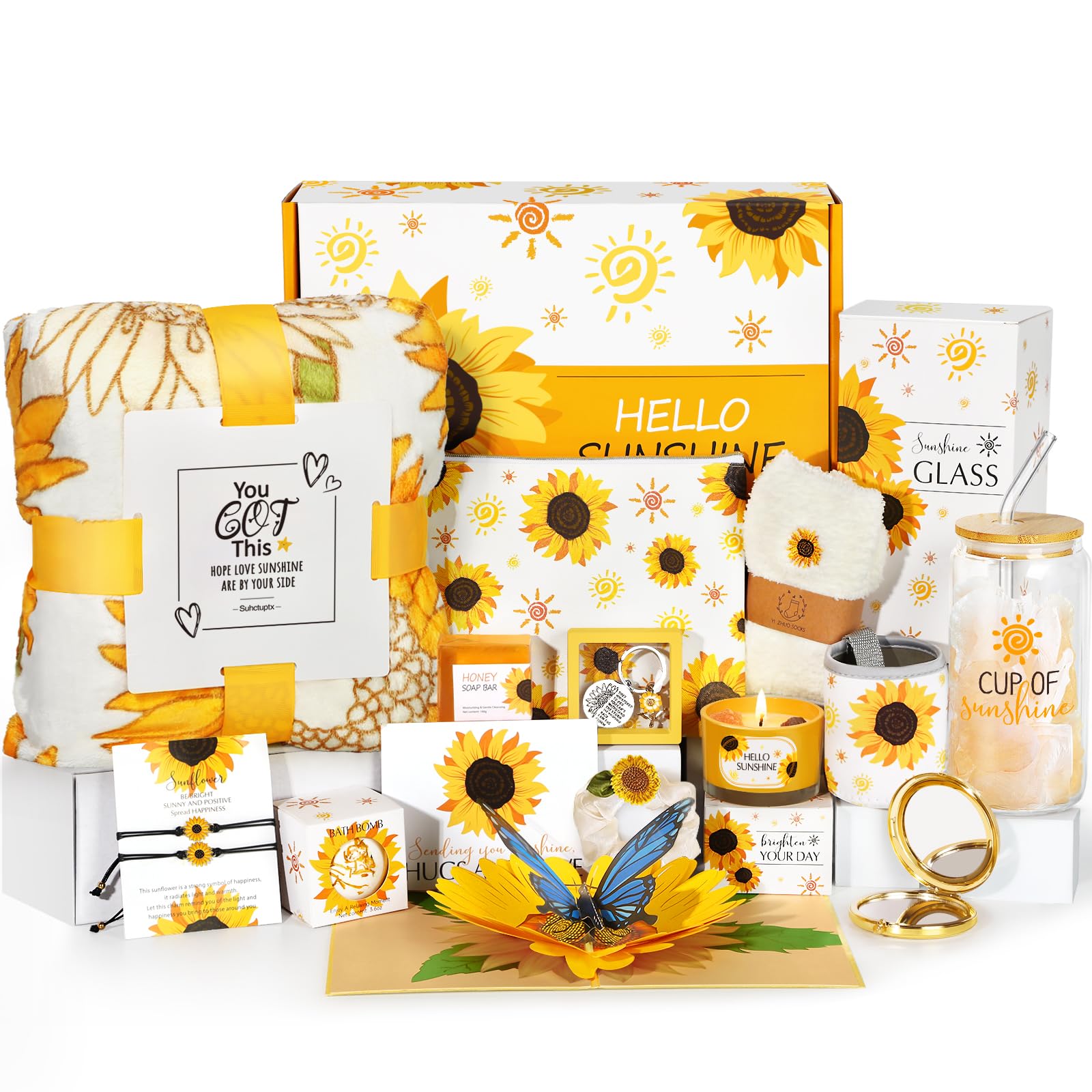 Sunflower Gifts for Women, 15 pcs Unique Birthday Gifts for Women Christmas Gifts for Women, Get Well Soon Gift Baskets Care Package Inspirational Gifts Box for Her Mom Sister Best Friends (Yellow)