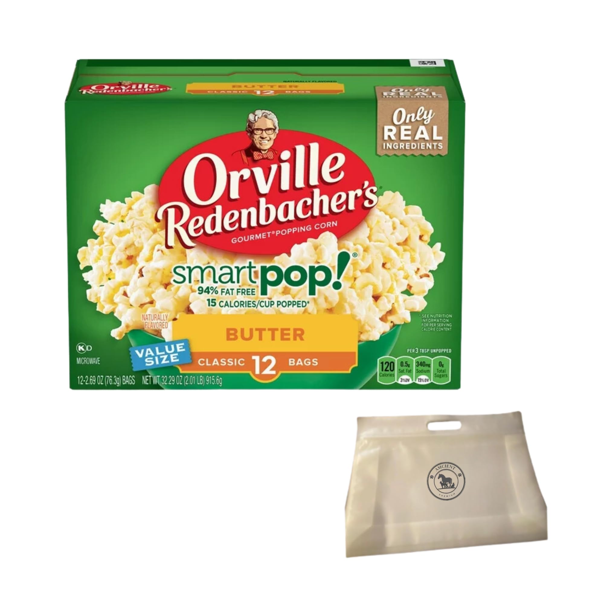 Smart Pop Popcorn Individual Bags Bundle - Orville Redenbacher Popcorn - Smart Pop! Mini Bags 12 Ct (2.60oz EACH) Bundle With Reusable Snack Pouch By AMCIENT (Butter)