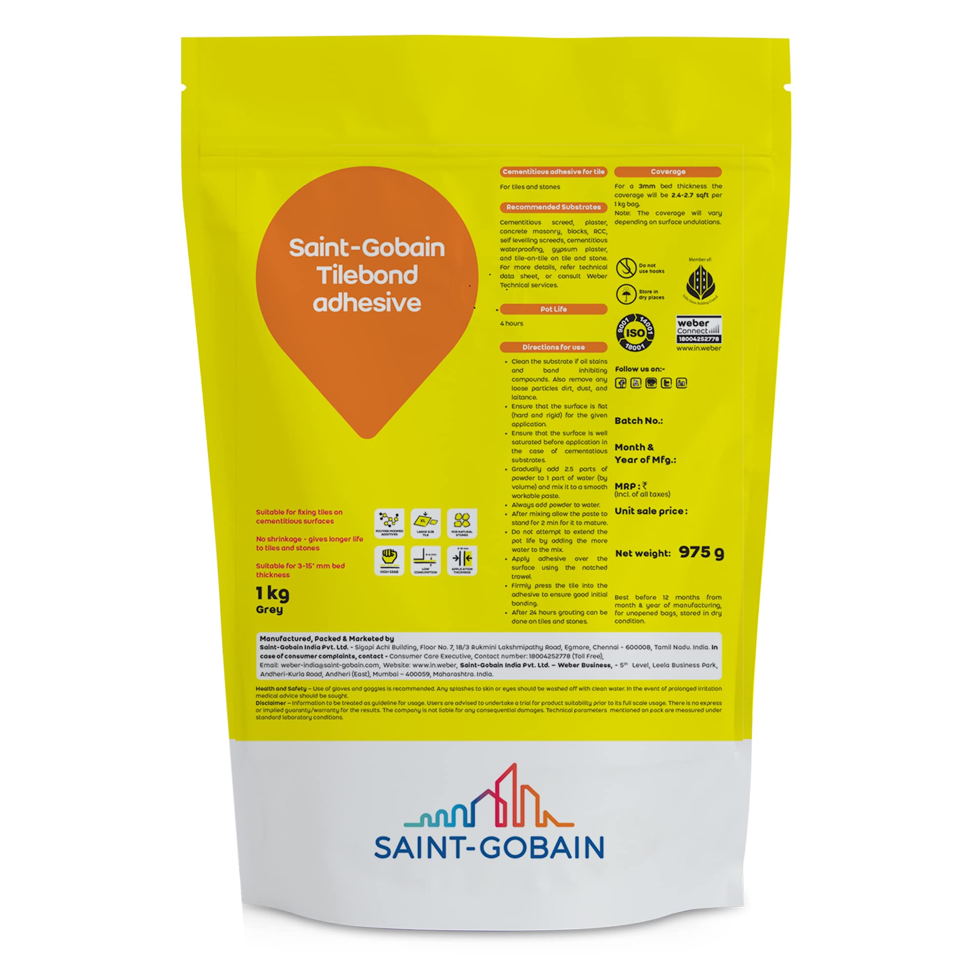 Saint-Gobain Tilebond adhesive | Easy to to use tile adhesive for fixing tiles (4.5 kg)