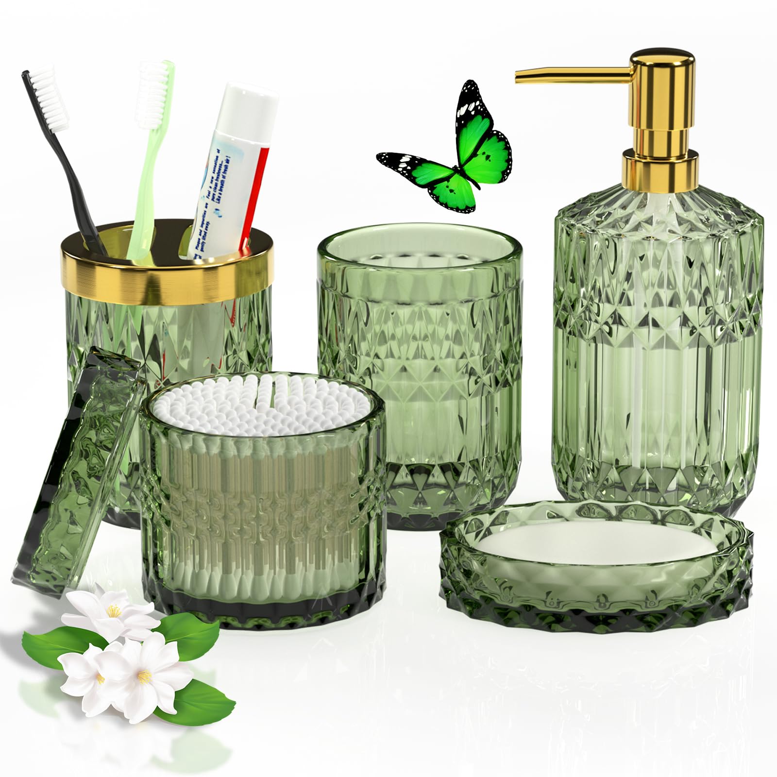 5Pcs Gorgeous Green Bathroom Accessory Set,Modern Premium Glass Bathroom Decor Countertop Organizer,Include Lotion Dispenser, Soap Dish, Toothbrush Holder, Tumbler, Cotton Swab Jars,Perfect Theme Gift