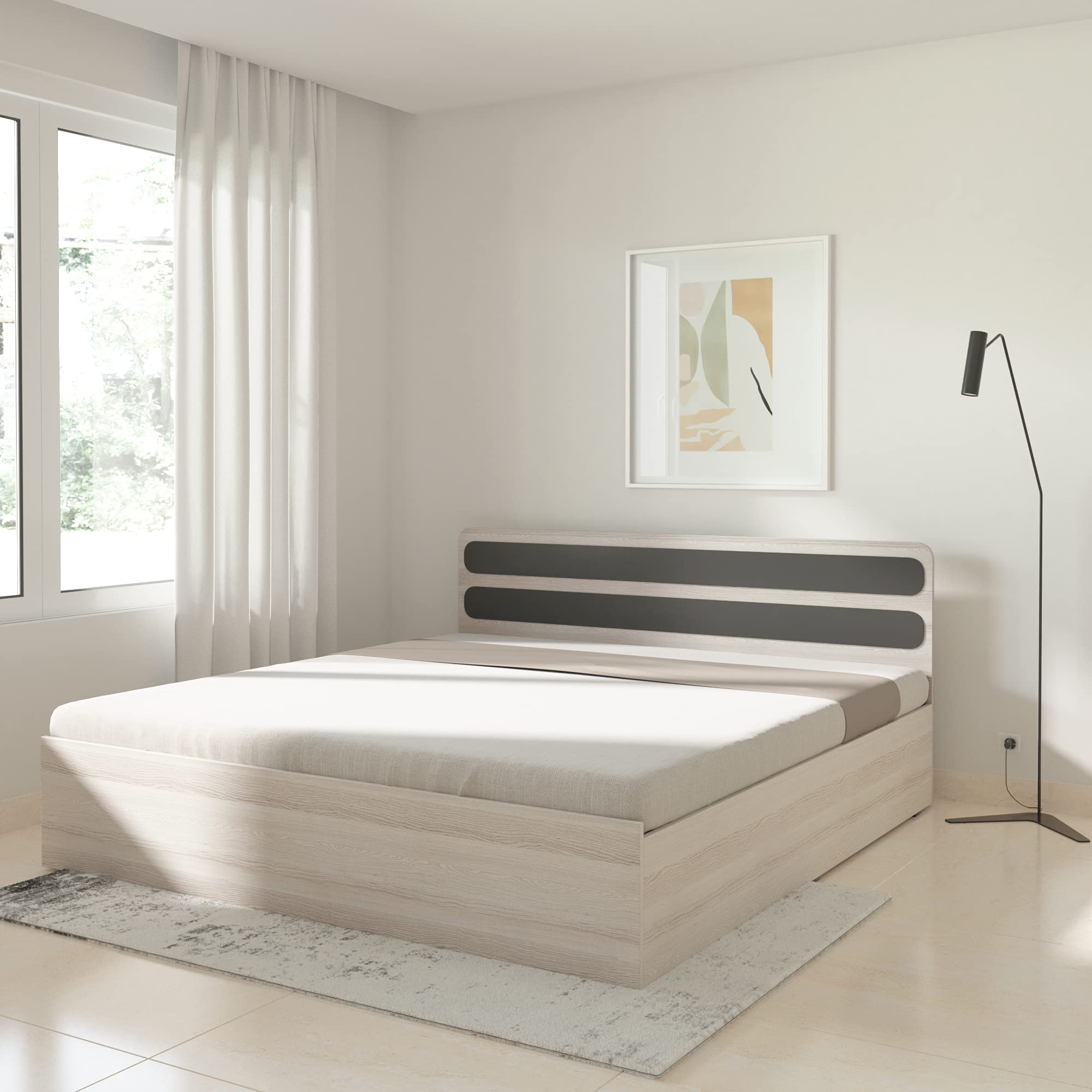 Amazon Brand - Solimo Sellena Engineered Wood King Bed with storage (Chequered Light finish)