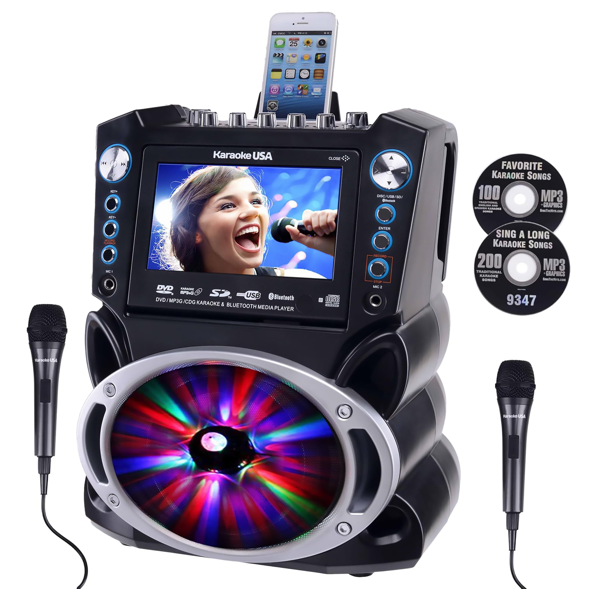 Karaoke Machine with Lyrics Display 7" Screen. CD+G, DVD, MP3+G, MP3, CD & USB. Wireless Bluetooth Speaker with LED Disco Lights. Includes 2 Wired Microphones and 2 Bonus Karaoke Discs By Karaoke USA