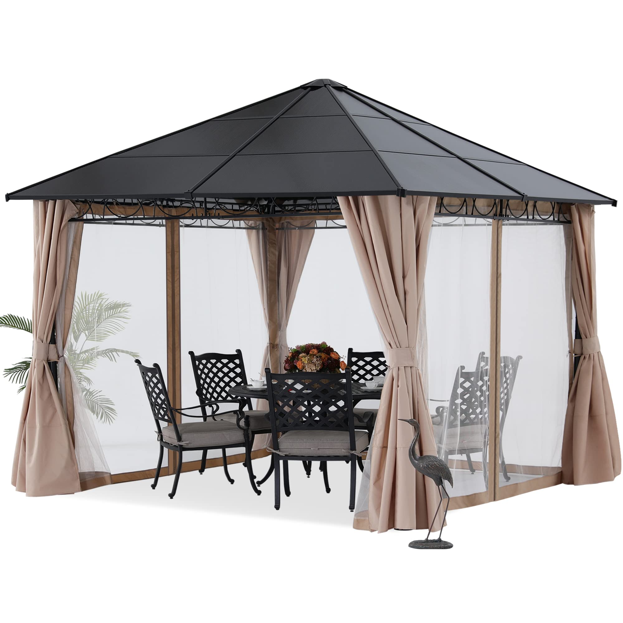 MASTERCANOPY10x10 Outdoor Hardtop Gazebo Aluminum Frame Polycarbonate Top Canopy with Curtains and Netting, Beige