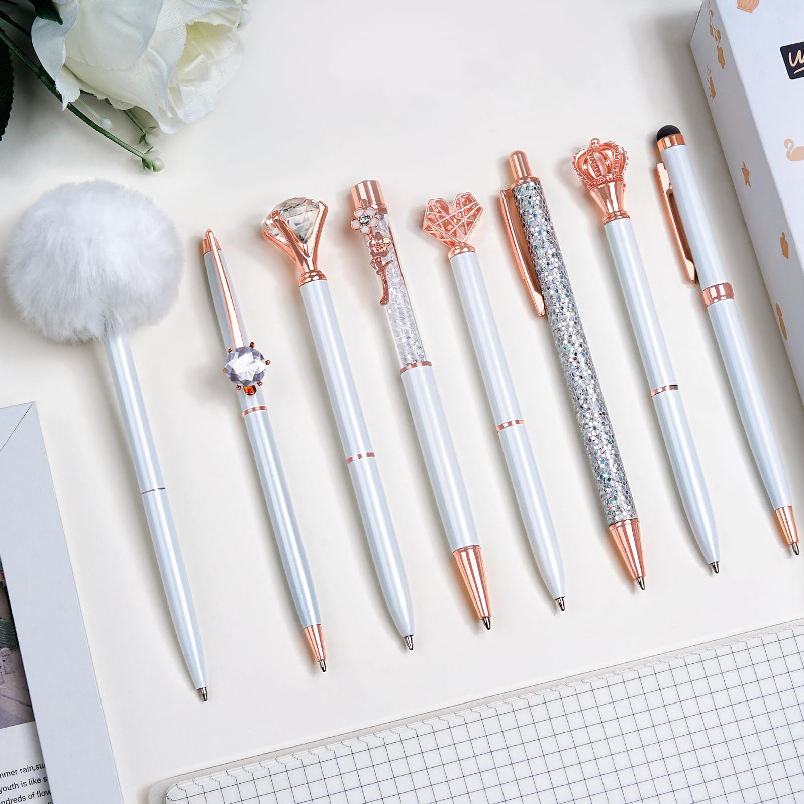 WEMATE8Pcs Ballpoint Pens Set Metal Crystal Diamond Pen Glitter Pen for Journaling White Pen Bling in Black & Blue Ink Pretty Cute Pens Fancy Pens Gifts for Women Wedding School Office Desk(White)