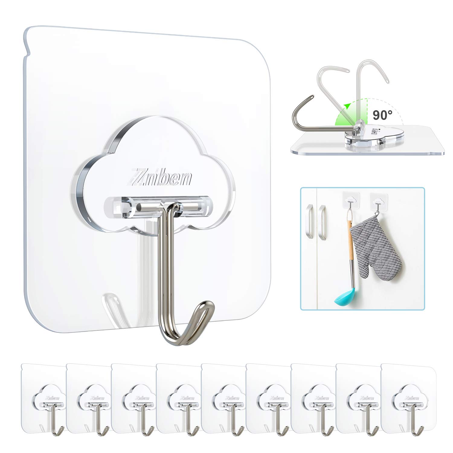 Adhesive Hooks, Transparent Self Adhesive Wall Hooks Heavy Duty Cloud Shaped Removable Waterproof Clear Plastic Sticky Hooks Seamless Utility Hooks for Bathroom Shower Kitchen Ceiling - 10 Pcs