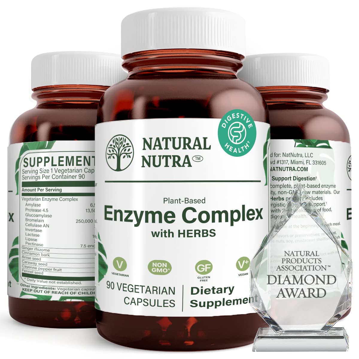 Natural Nutra Plant Based Digestive Enzyme Complex with Herbs, Better Digestion, and Improve Nutritional Absorption, 90 Vegan Capsules