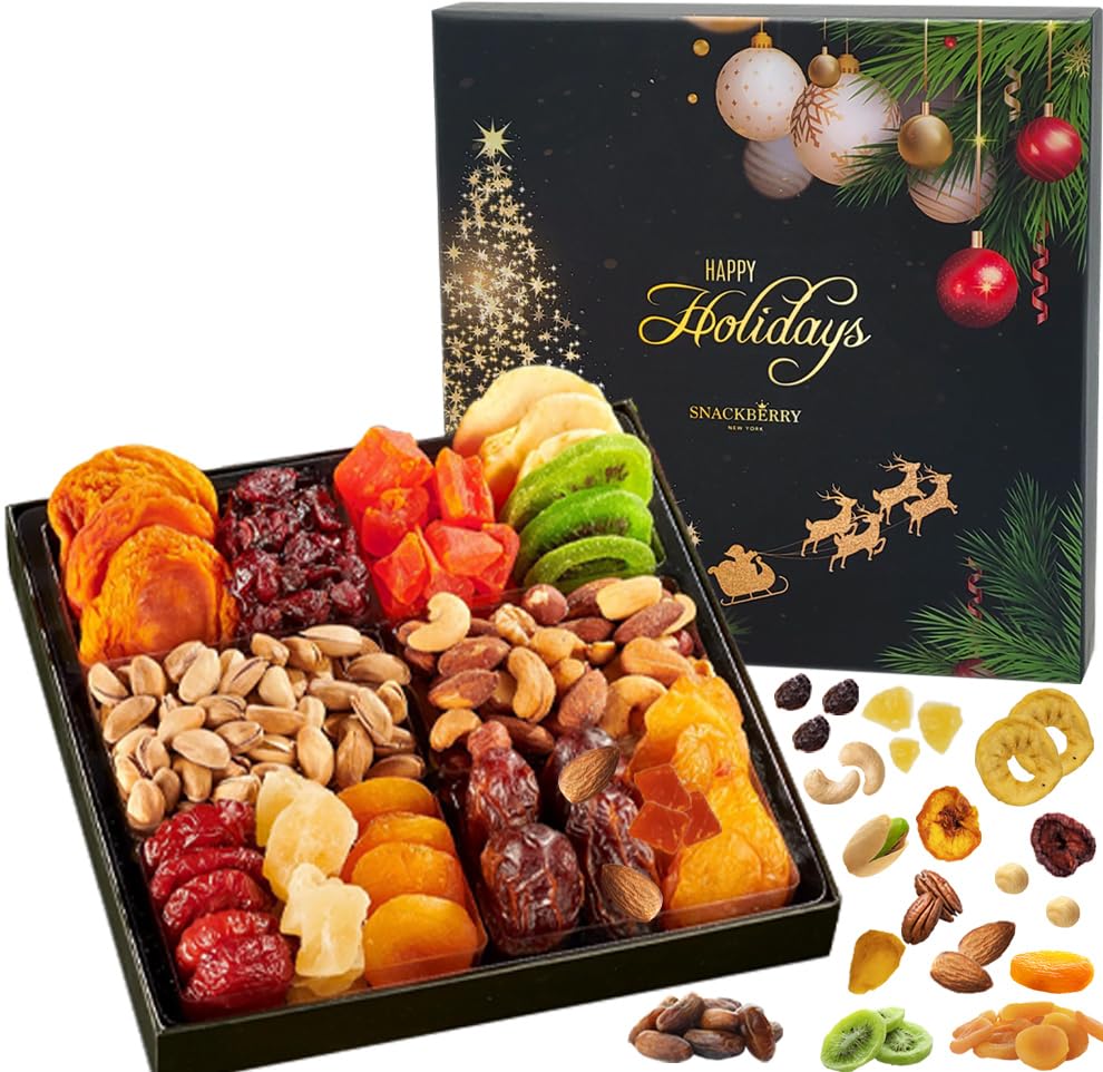 Christmas Dried Fruit & Nuts Gift Basket Arrangement Platter, Gourmet Food Snack Box, Healthy Kosher (Single)