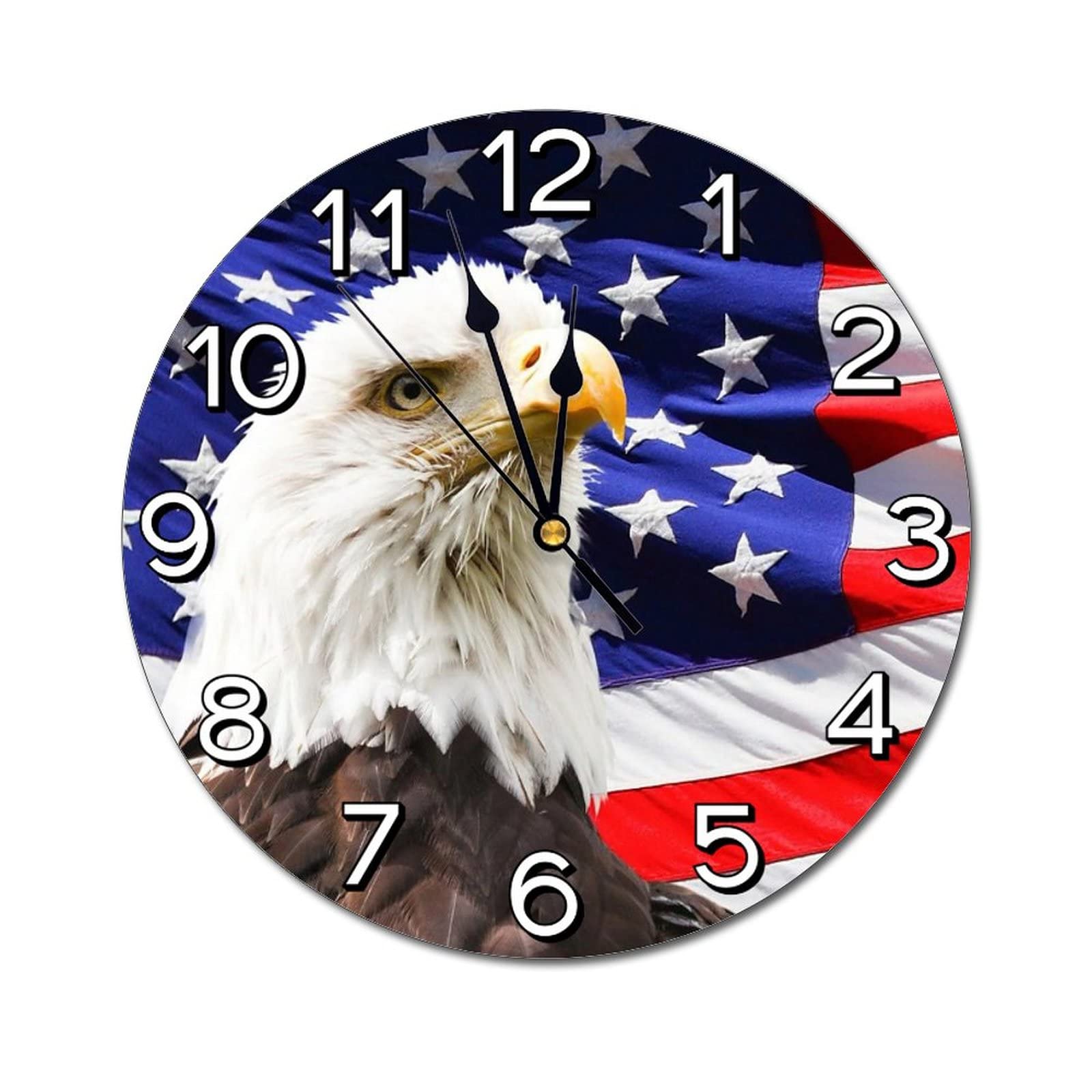 Bald Eagle Patriotic American Flag Wall Clock Battery Operated Silent Round Clock Wall Decor for Home, Office, School 9.8 Inch