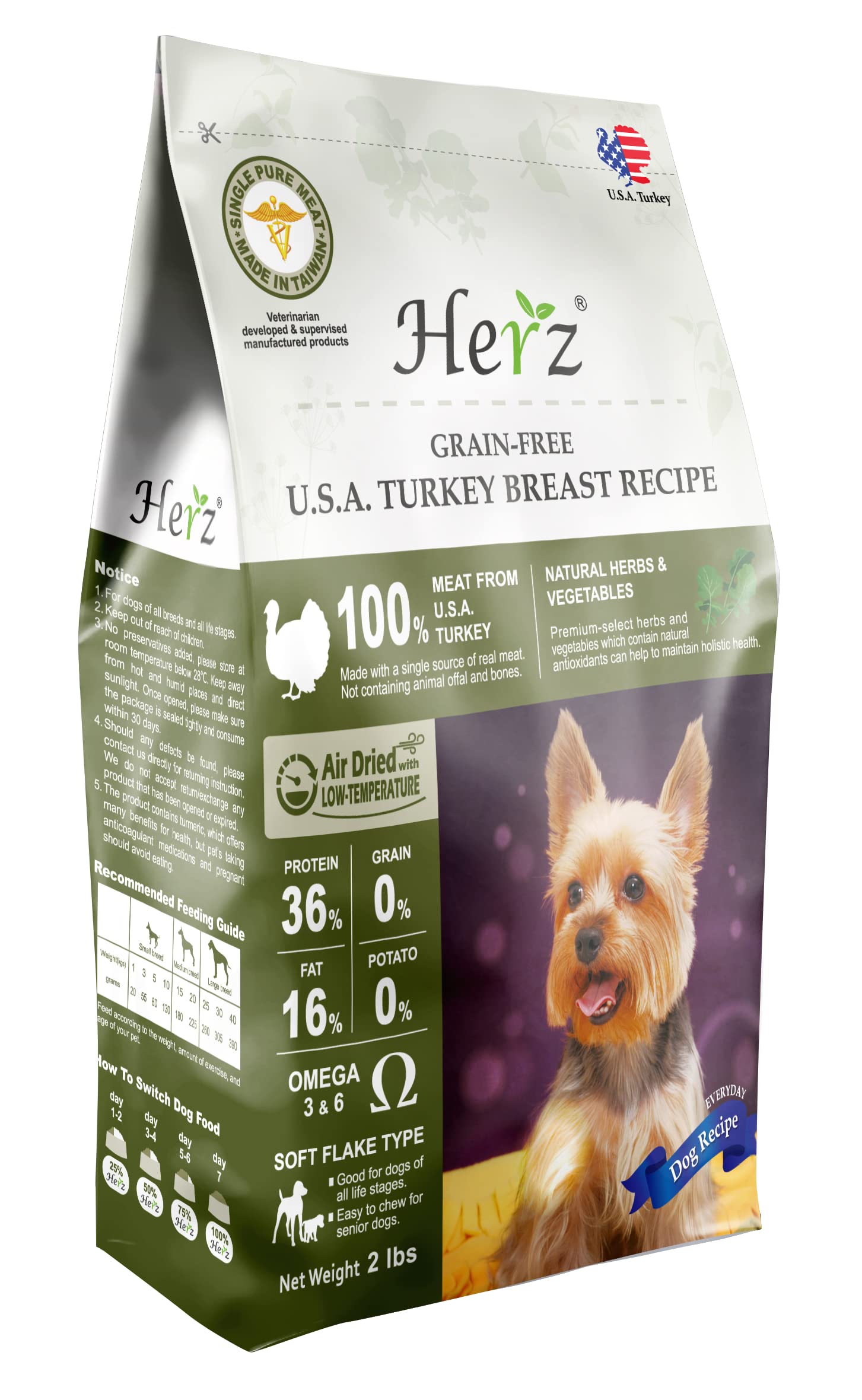 Herz Air-Dried Dog Food – U.S.A Turkey Breast Recipe 2 lb, Single Pure-Meat, Grain Free, All Natural, High Protein, Limited Ingredients