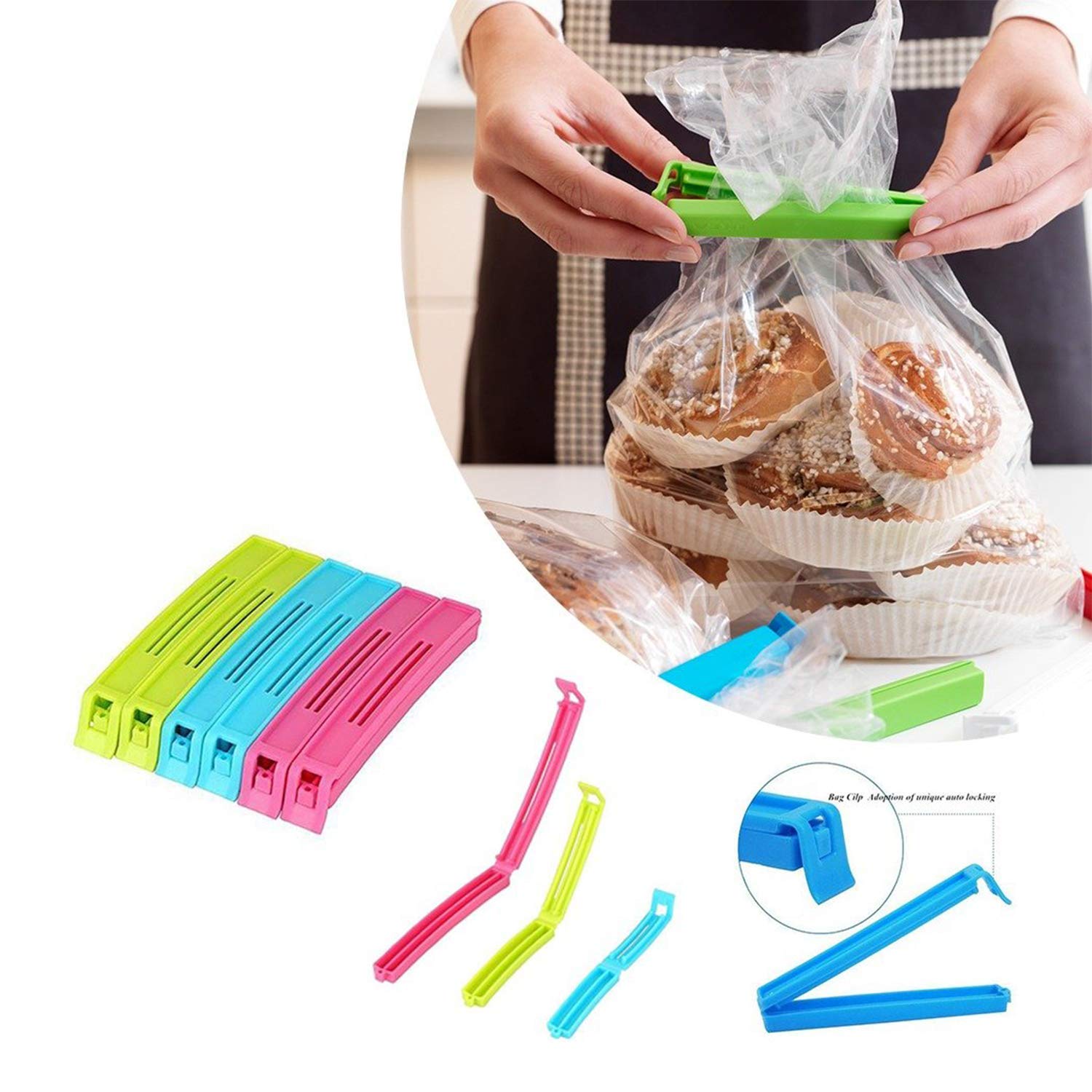 E-COSMOS 18 Pcs - 3 Different Size Plastic Food Snack Bag Pouch Clip Sealer Large, Medium, Small Plastic Snack Seal Sealing Bag Clips Vacuum Sealer (Set of 18, Multi-Color), Mix Size