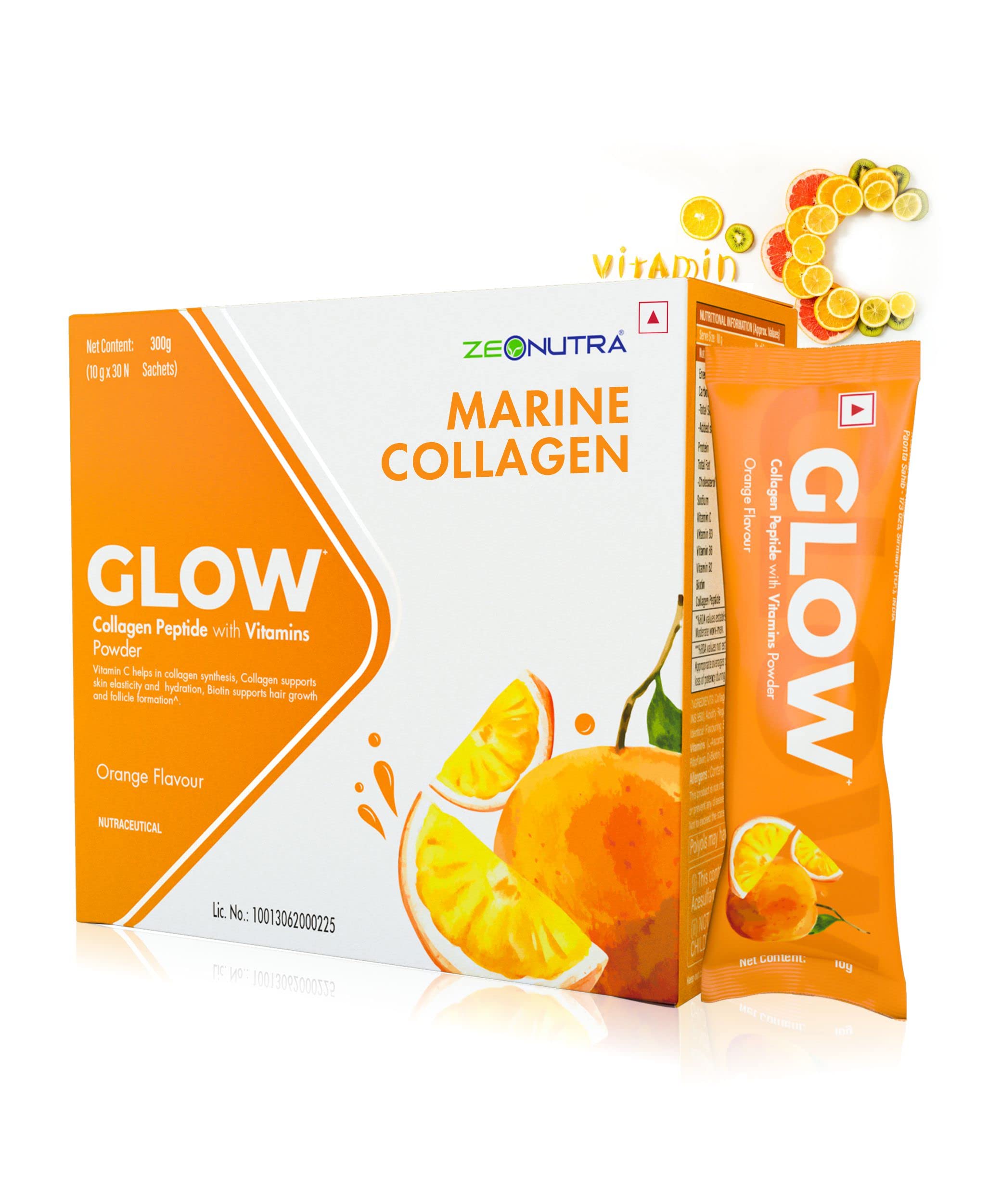 Zeonutra Glow, Anti Aging Marine Collagen Powder for Men & Women, with Vitamin C & Biotin for Smooth, Supple, Even Toned, Radiant Skin | Silky & Bouncy Hair | Luscious Nails - 300gm