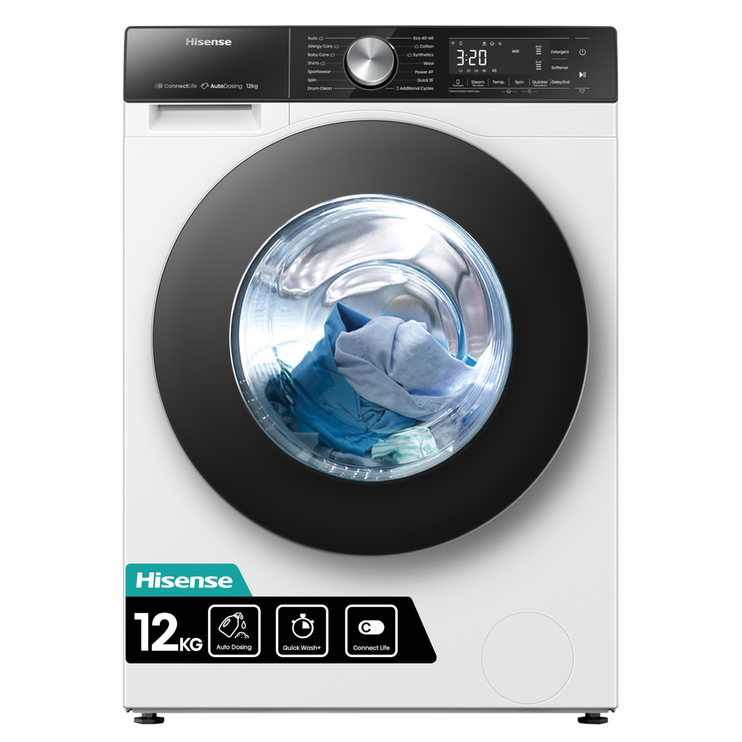 Hisense WF5S1245BW Freestanding 12 KG Front Load Inverter Washing Machine with Auto Dose WiFi Enabled Steam Wash 19 Programs 1400 RPM White Energy Rating A [Energy Class A]