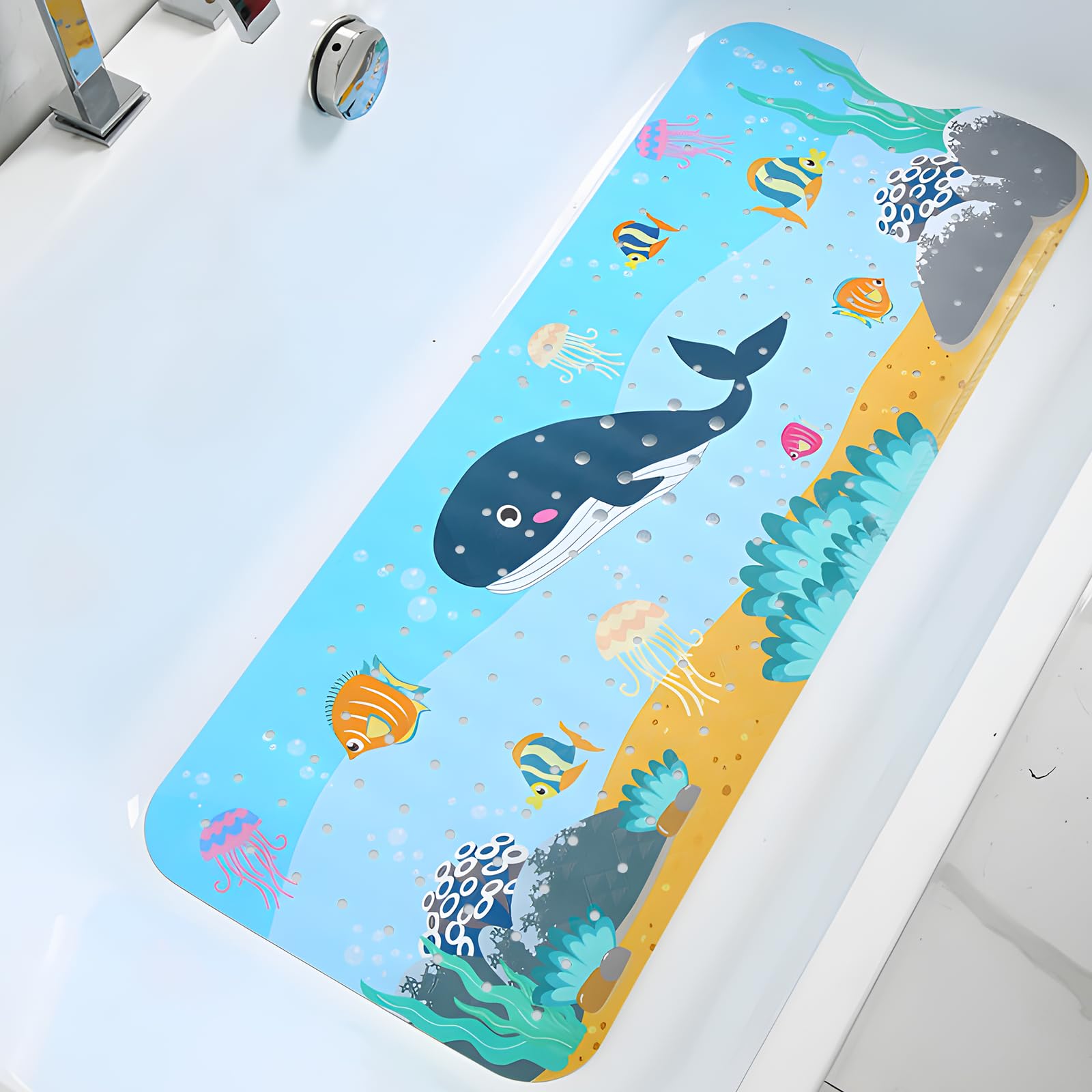 Baby Bath Mat Non Slip Anti Mould, Extra Long Bath Shower Tub Mat 100 x 40cm with Suction Cups and Drain Holes, Cartoon Patterned Kids Shower Mats, Machine Washable (Whale)