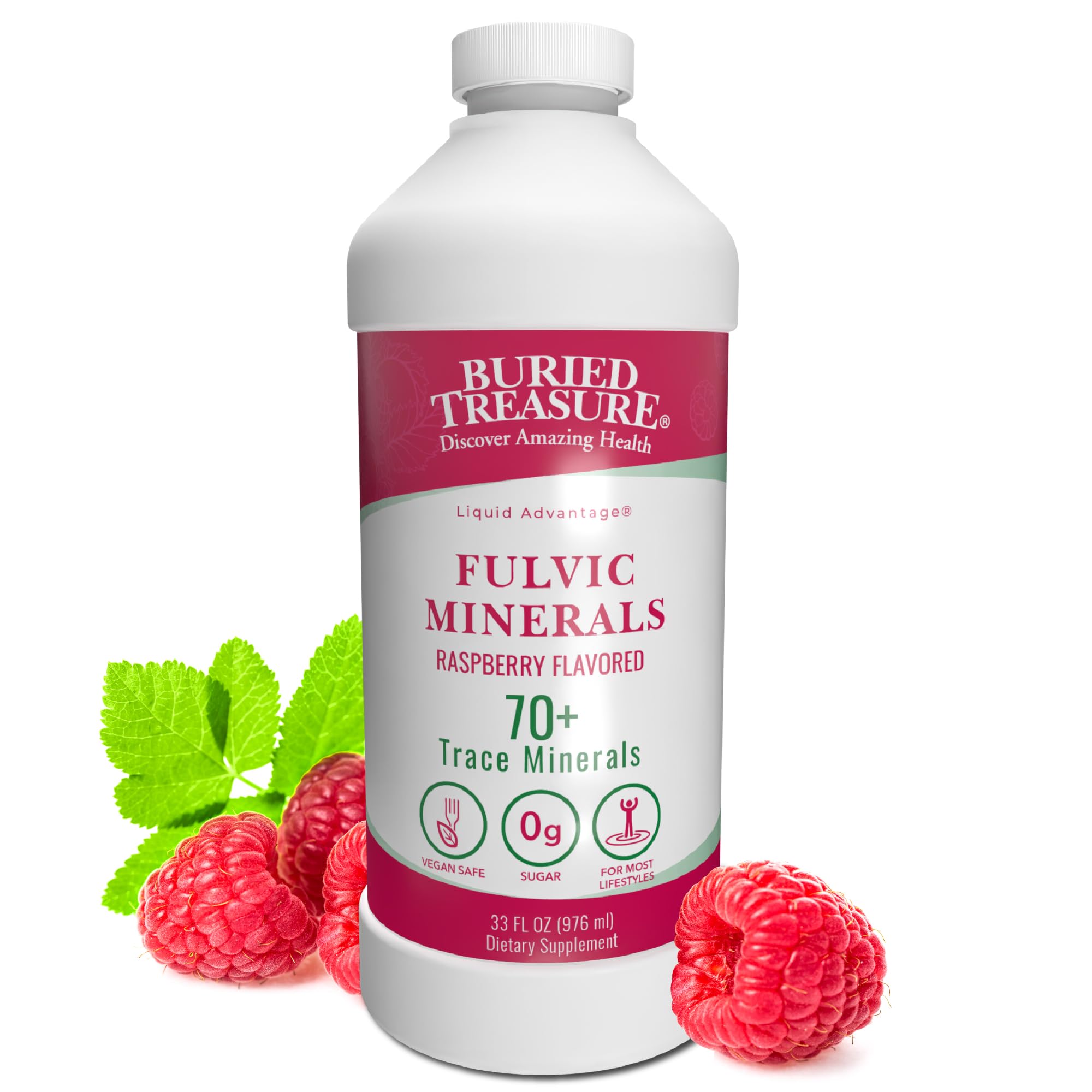 Buried Treasure Fulvic Mineral Complex - 32oz, Natural Raspberry Flavor with Over 70 Plant Derived Minerals Non-GMO Electrolyte Replacement Vegetarian Safe Daily Essential and Trace Minerals