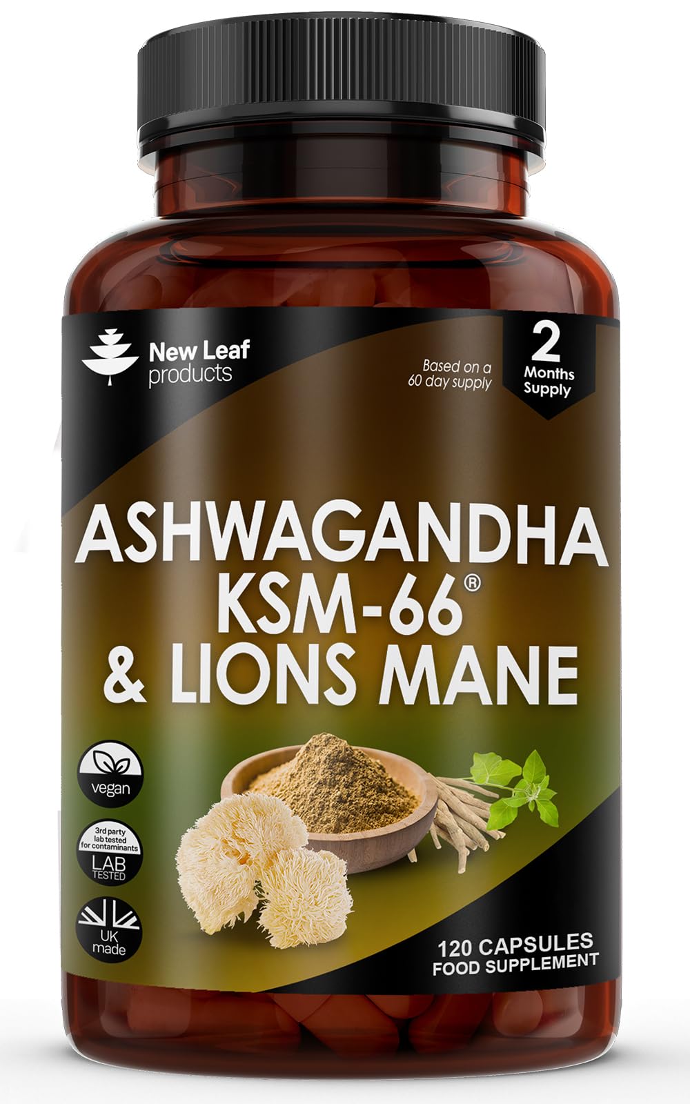 Ashwagandha KSM-66 and Lions Mane Capsules - High Strength 2000mg KSM-66 Ashwaghandha Root Extract and Lions Mane Mushroom Extract - 120 Vegan Capsules with Black Pepper - UK Made by New Leaf